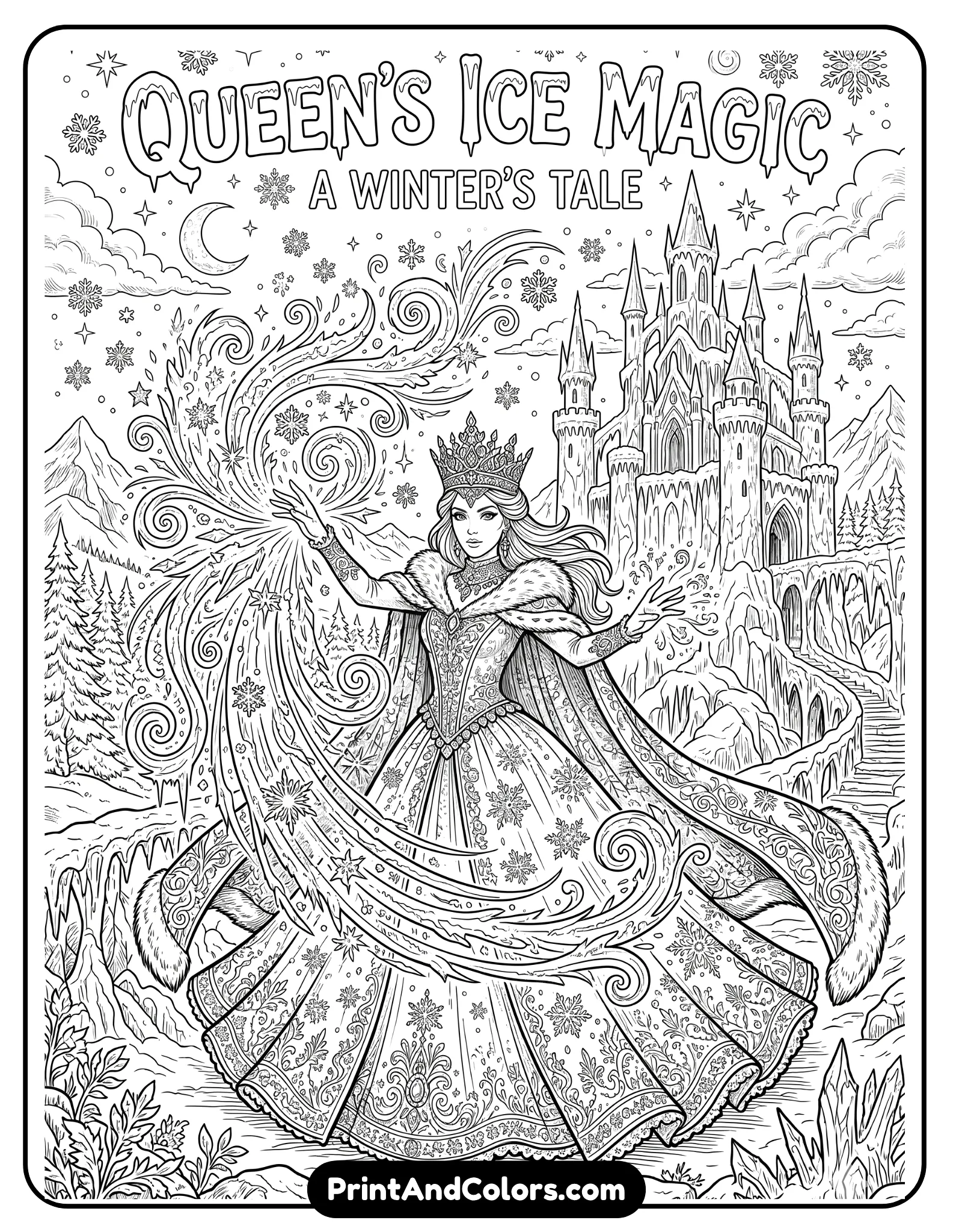 Detailed black and white coloring page of Queen Elsa casting powerful ice magic from her hands, glowing snowflakes and icy spirals surrounding her, elegant winter gown, magical frozen castle background, printable fantasy line art with crisp intricate outlines