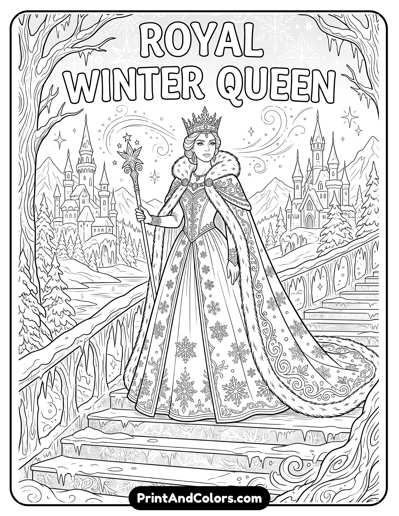 Queen Elsa standing proudly on an icy staircase, wearing a majestic royal cape and crown, elegant snowflake patterns on her gown, magical winter kingdom in the background, black and white detailed coloring page with clean printable line art