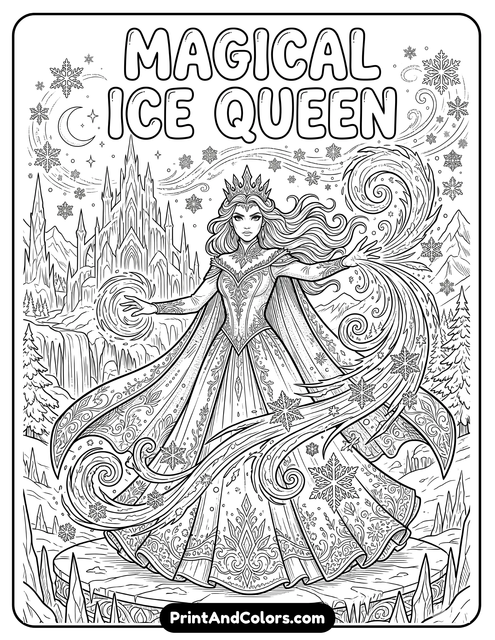 Black and white printable coloring page of Queen Elsa casting powerful ice magic from her hands, swirling icy patterns and giant snowflakes surrounding her, majestic winter gown and flowing cape, magical frozen kingdom background, fantasy line art with intricate details