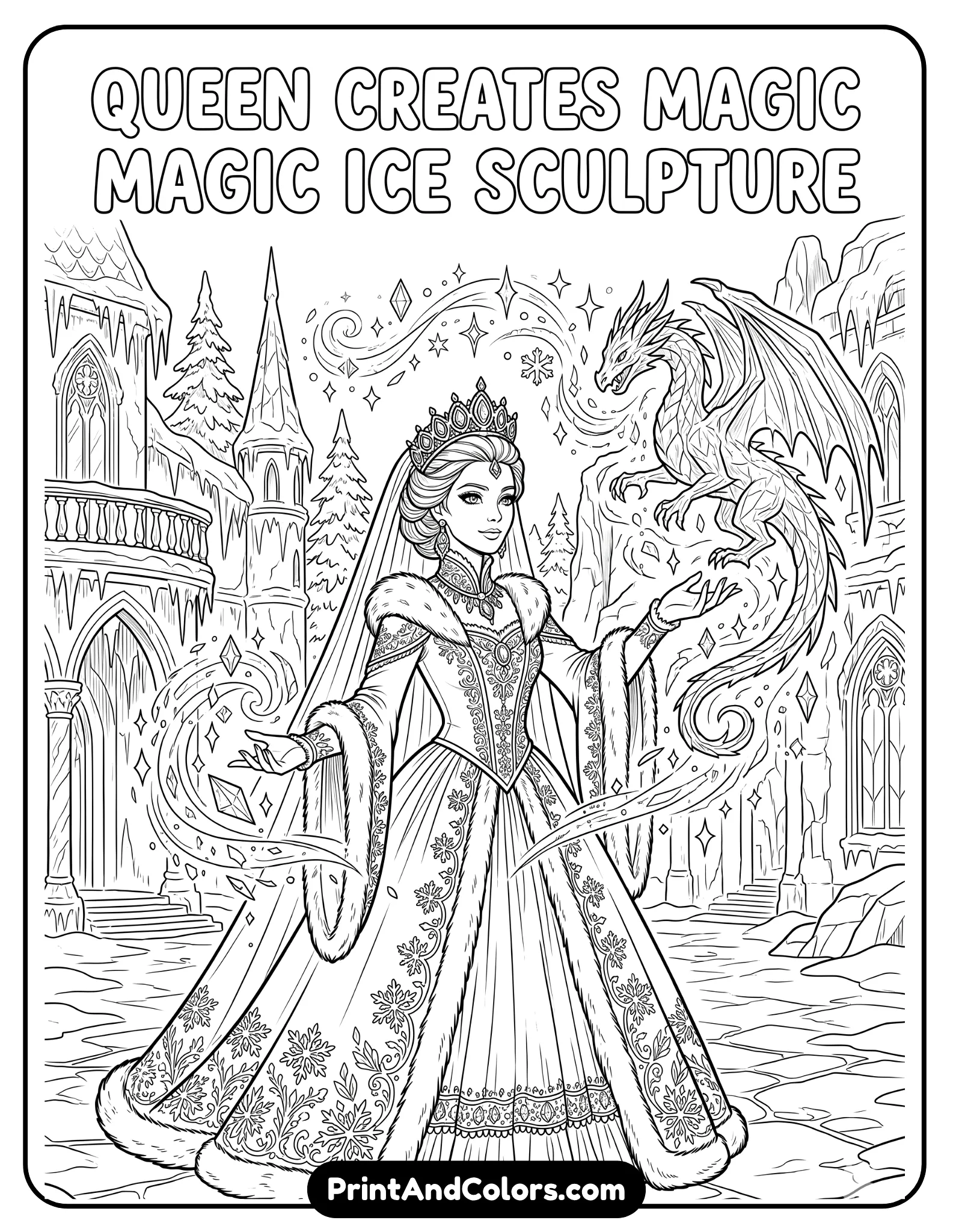 Detailed black and white coloring page of Queen Elsa magically creating a beautiful ice sculpture, sparkling crystal shapes forming in the air, elegant winter gown, frozen palace background, printable coloring book line art with artistic icy details and clean outlines