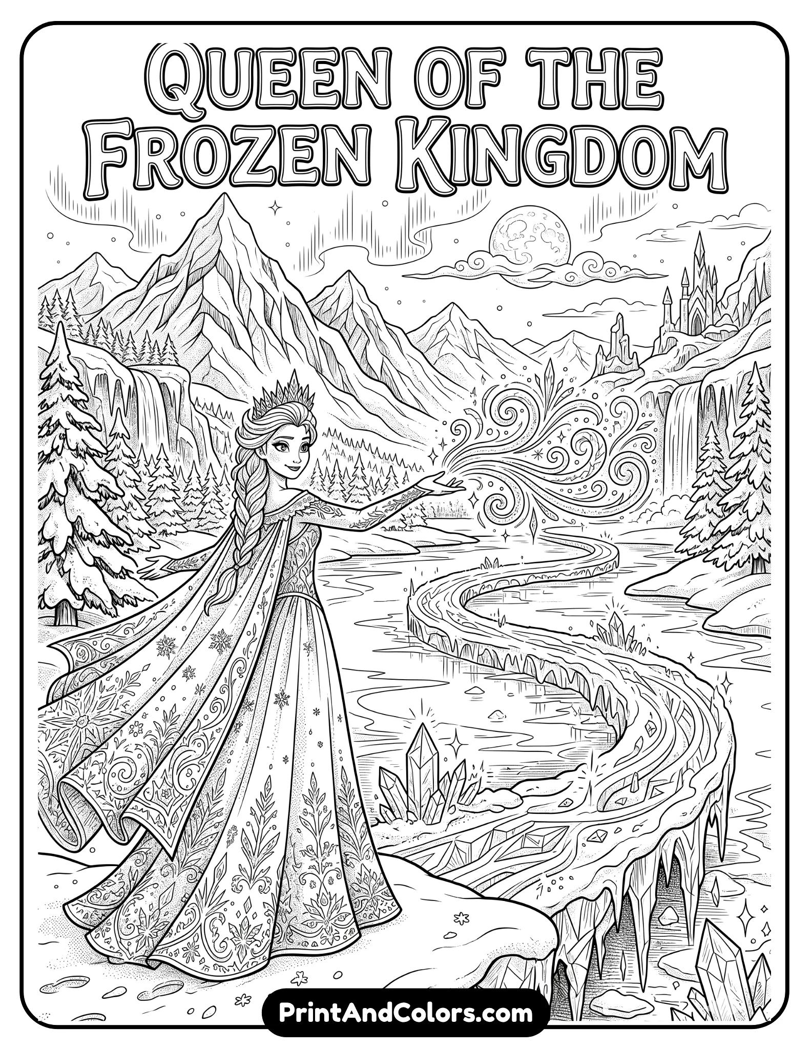Black and white coloring page of Queen Elsa using her ice powers to create a glowing snowy path across a frozen landscape, magical icy swirls extending from her hands, dramatic winter scenery with mountains and snow-covered trees, printable coloring book line art with intricate details