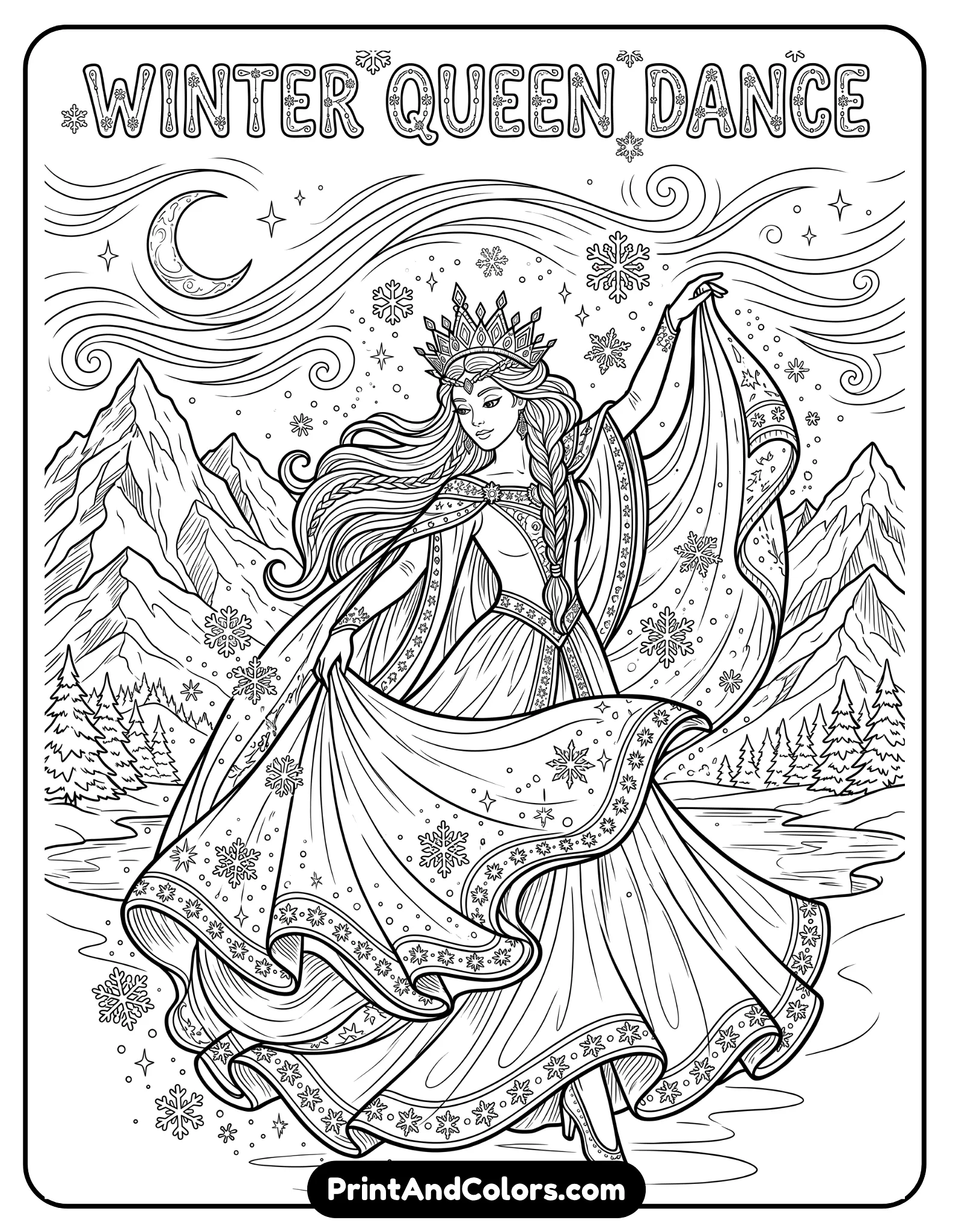 Elegant black and white coloring page of Queen Elsa dancing beneath a star-filled winter sky, flowing gown and cape creating movement, glowing snowflakes and icy sparkles around her, snowy mountains in the background, printable fantasy coloring page with graceful line art