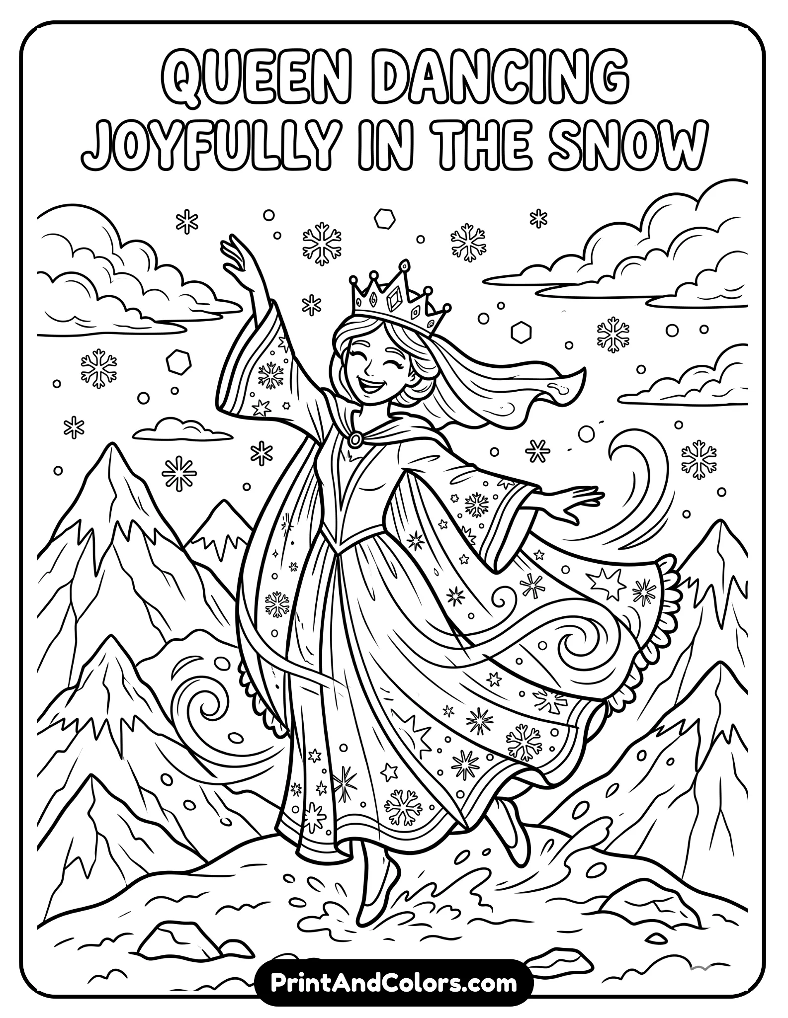 Queen Elsa dancing joyfully on snowy mountain peaks, flowing cape and gown moving in the wind, snowflakes surrounding her, icy mountains and clouds in the background, black and white printable coloring page with clean detailed outlines for kids
