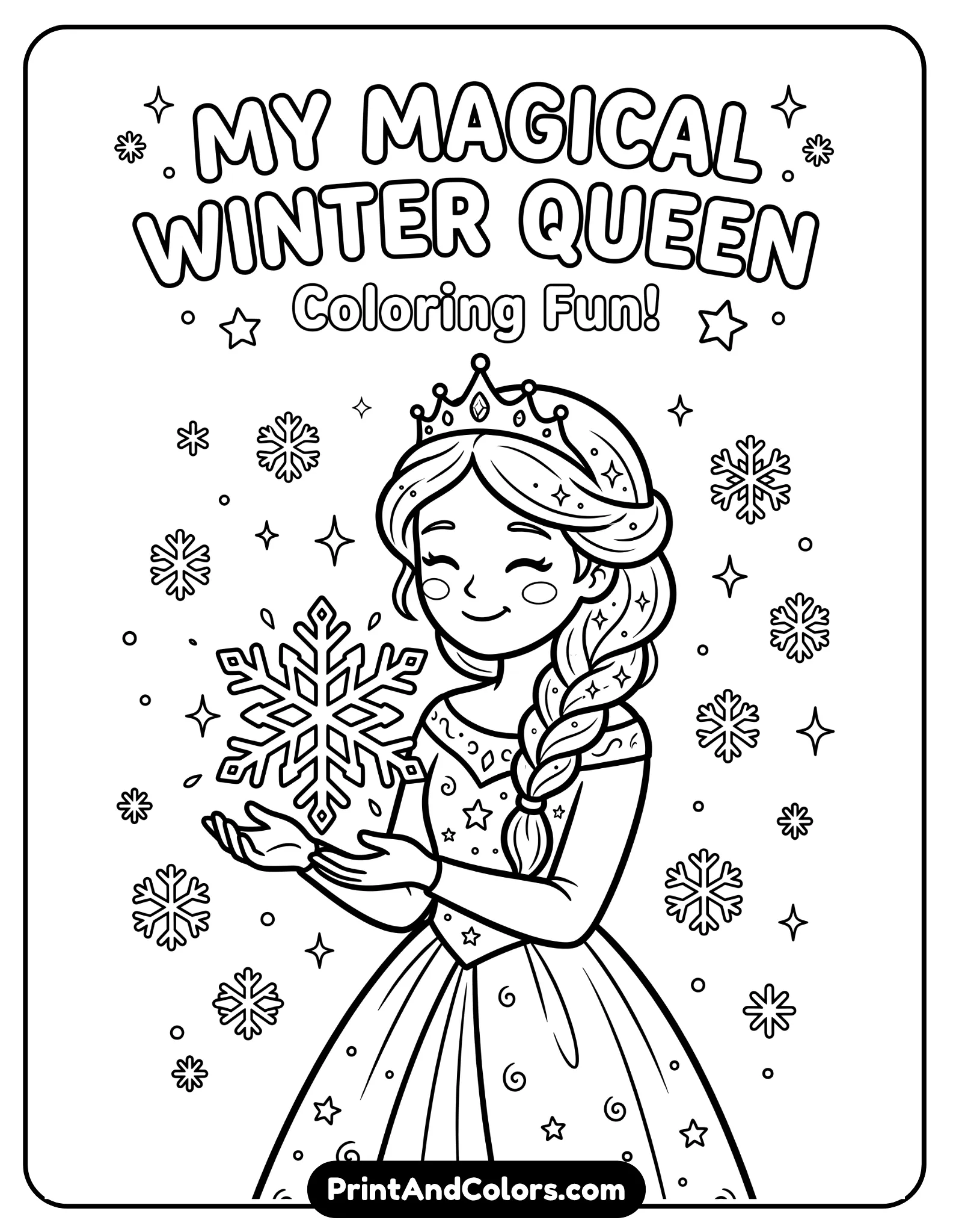 Cute black and white printable coloring page of Queen Elsa holding a large magical snowflake in her hand, smiling gently, simple winter gown and flowing braid, snowflakes floating around her, bold kid-friendly outlines and clean printable design