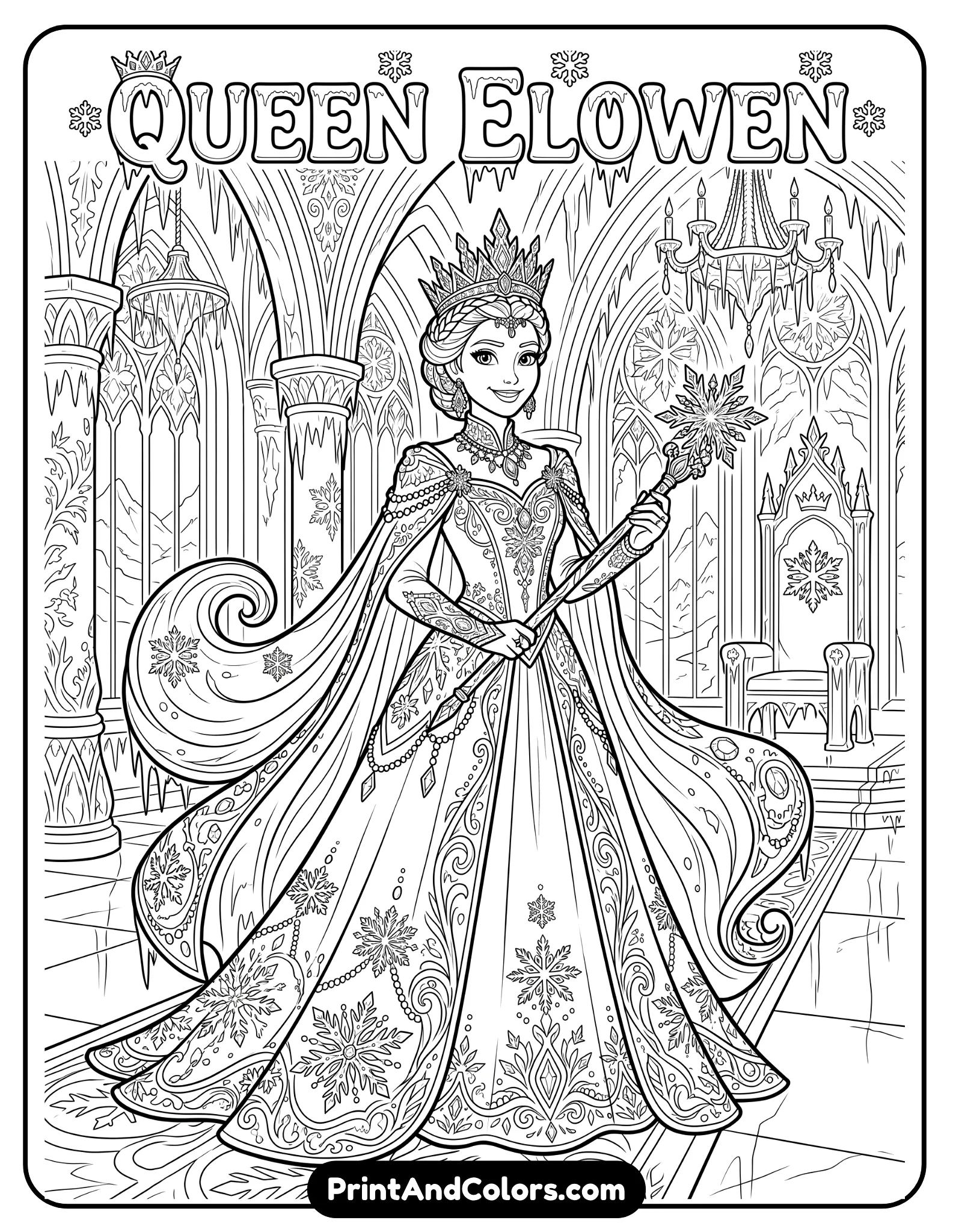 Black and white coloring page of Queen Elsa smiling proudly while wearing a majestic ice cape decorated with snowflakes and crystal patterns, standing confidently in a frozen palace hall, elegant fantasy line art with clean printable outlines