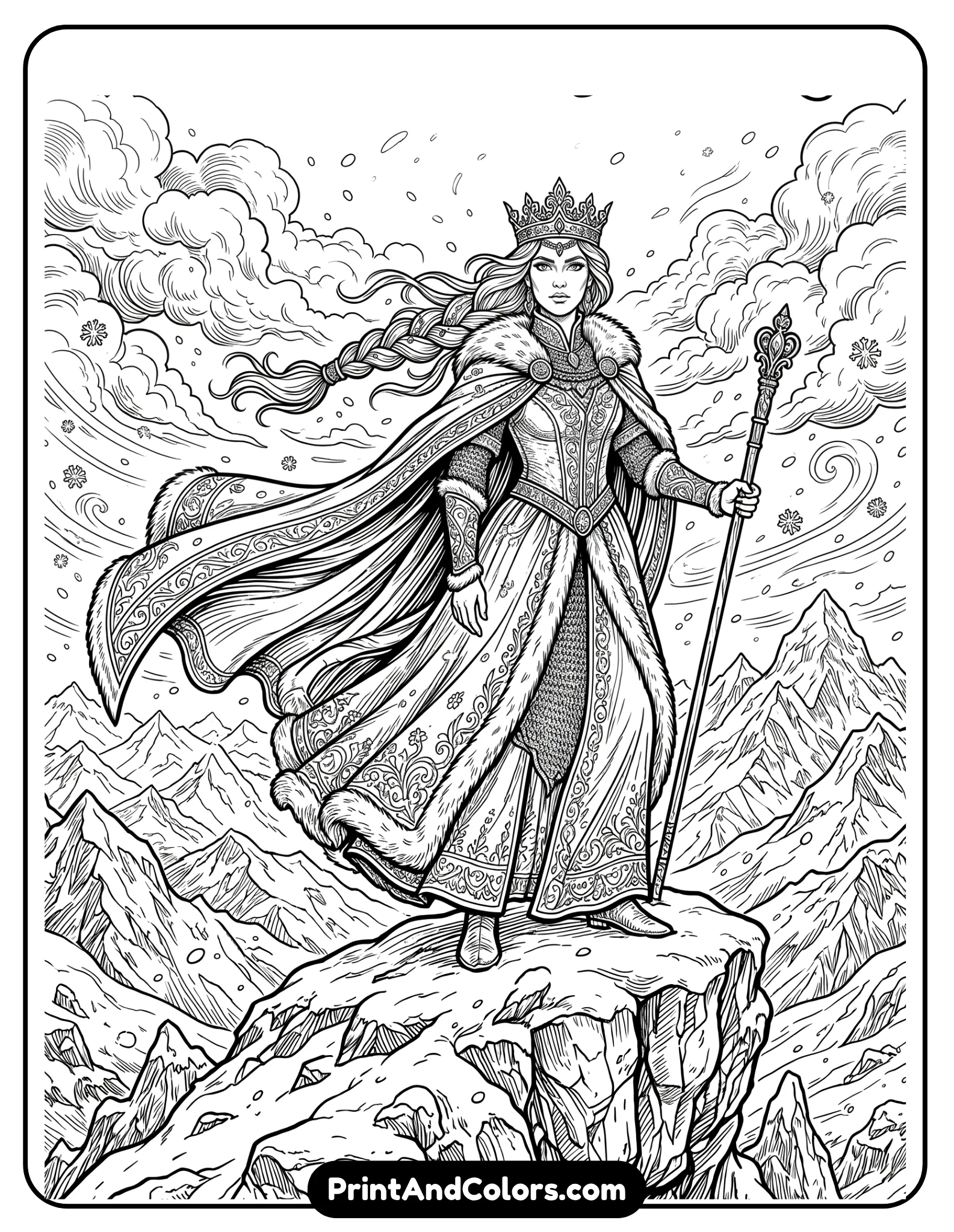 Majestic black and white coloring page of Queen Elsa standing proudly on top of a snowy mountain peak, wind blowing through her cape and braid, dramatic winter clouds and snowflakes around her, fantasy printable coloring page with highly detailed line art