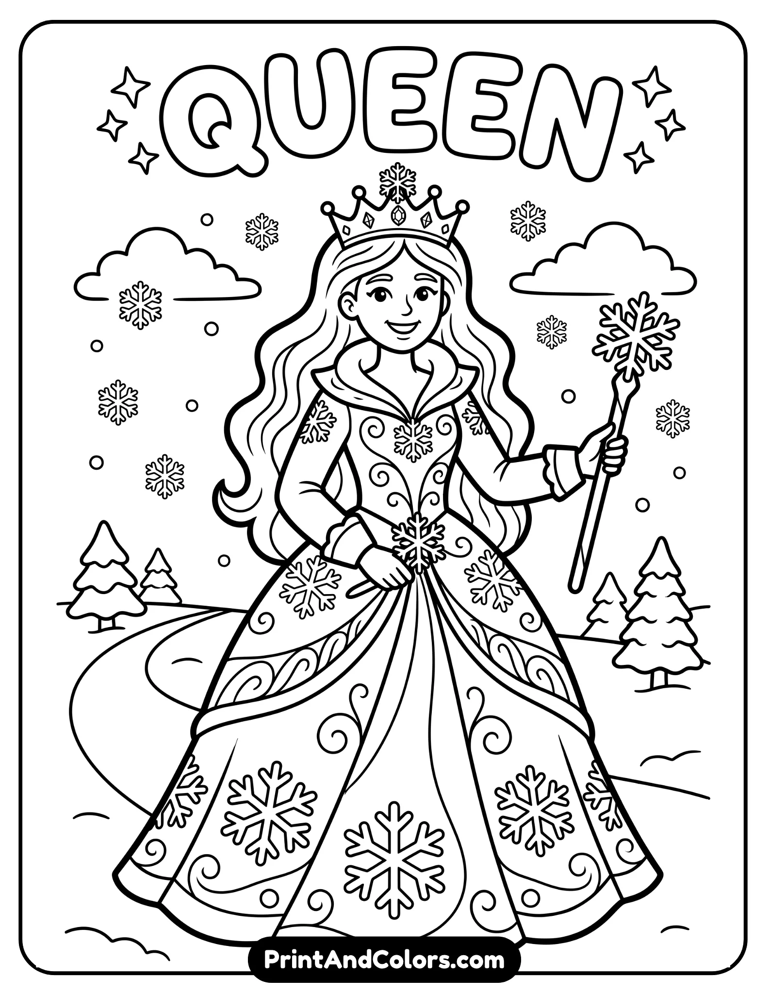 Easy black and white coloring page of Queen Elsa wearing a beautiful ice gown with simple snowflake decorations, smiling gracefully, minimal winter background, bold outlines and large coloring areas, printable coloring sheet designed for children