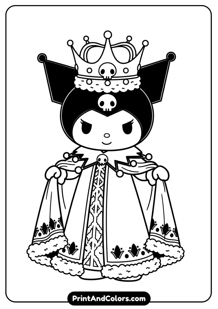 Kuromi wearing a royal crown and robe, standing like a queen, black and white line drawing for coloring.
