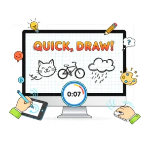 Quick Draw online computer game feature image showing fast sketching on a digital canvas