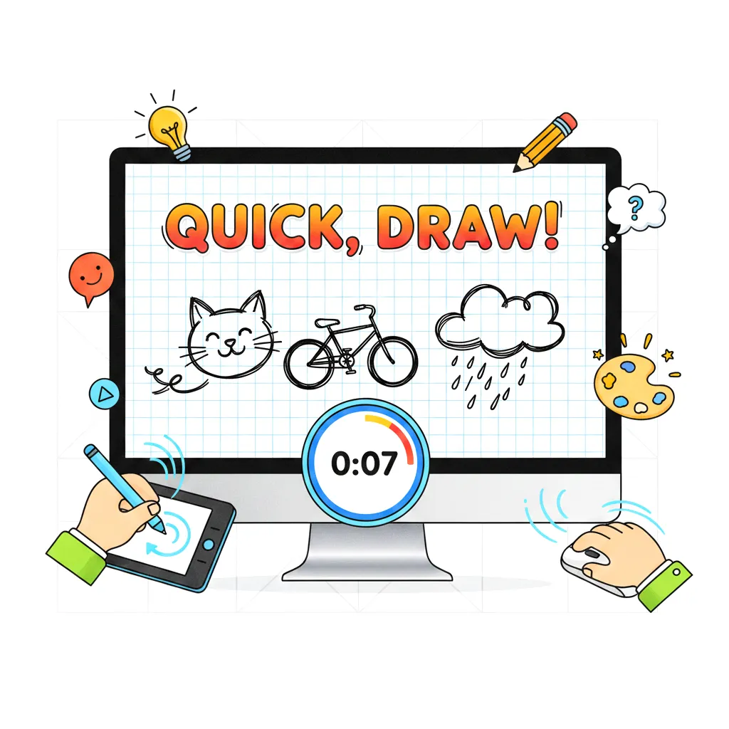 Quick Draw online computer game feature image showing fast sketching on a digital canvas