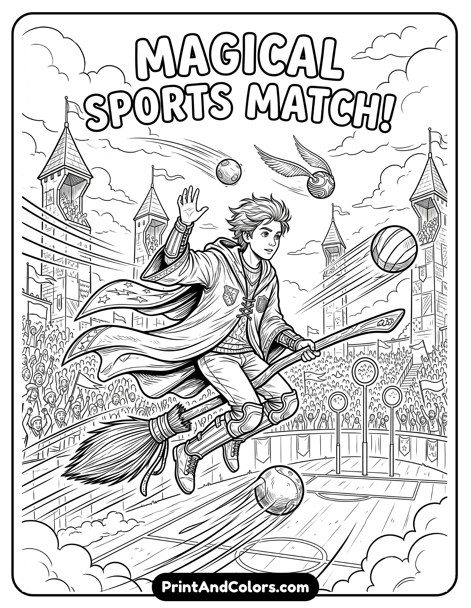 Dynamic black and white coloring page of a young wizard flying on a broomstick during a magical sports match. Include flying balls, cheering crowd, stadium towers, clouds, and motion lines. Fantasy sports scene with detailed robes and broomstick textures, printable line art coloring style