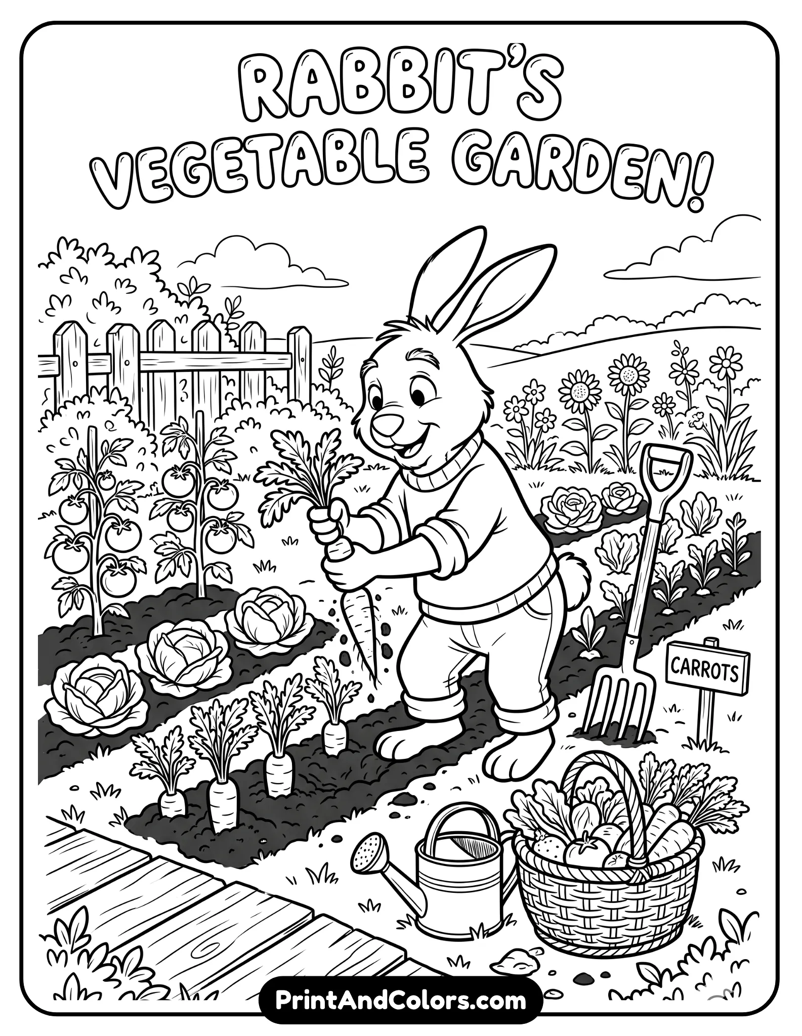 Black and white coloring page of Rabbit from Winnie the Pooh gardening, pulling carrots from the ground, vegetable garden with plants, watering can and basket, cheerful cartoon style with clear coloring lines
