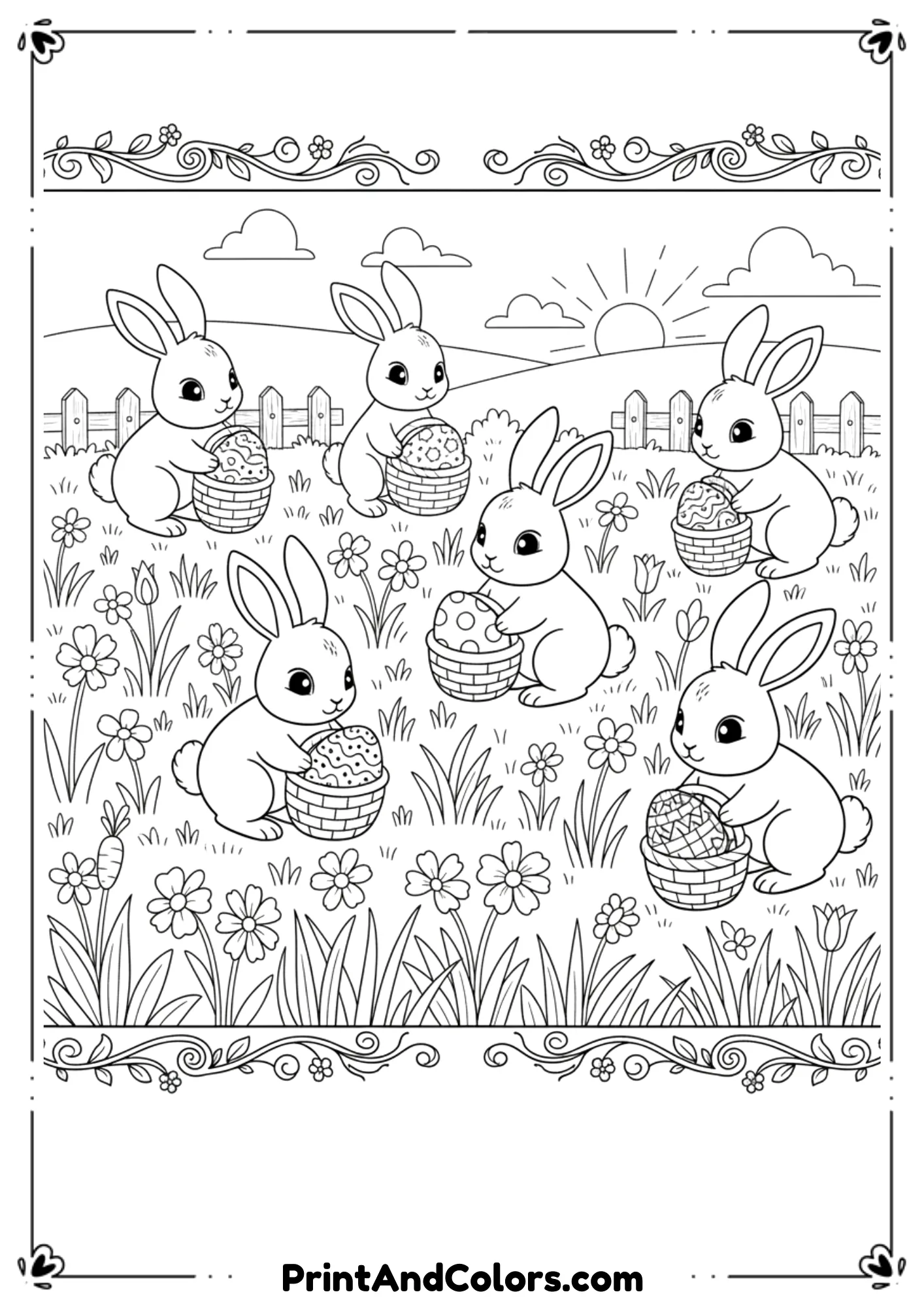Line art of bunnies collecting carrots and decorated Easter eggs in baskets.
