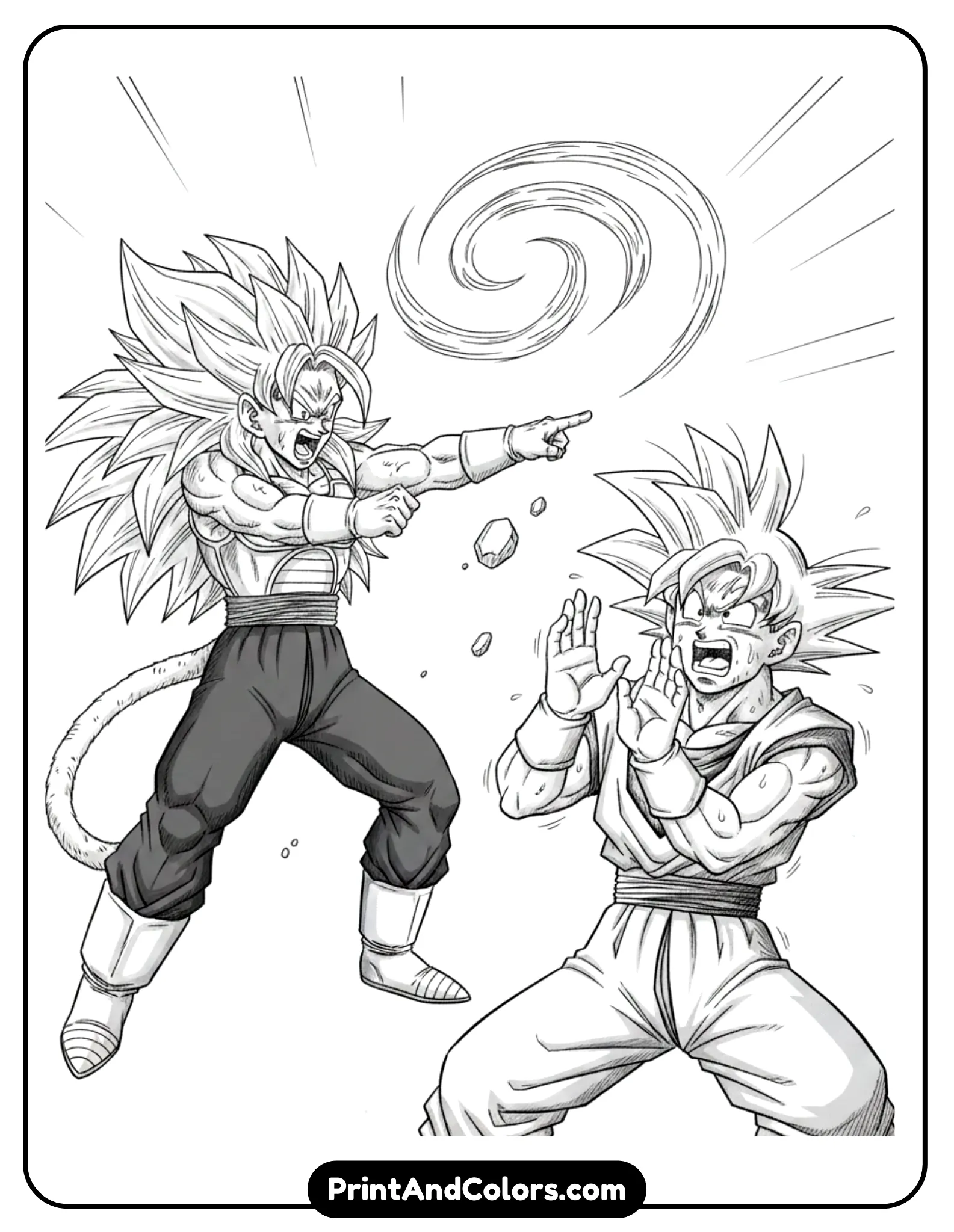 Draw Raditz pointing or speaking dramatically while Goku reacts in shock. Facial expressions should clearly show surprise and tension. Minimal background, focus on characters. Black and white line art only.