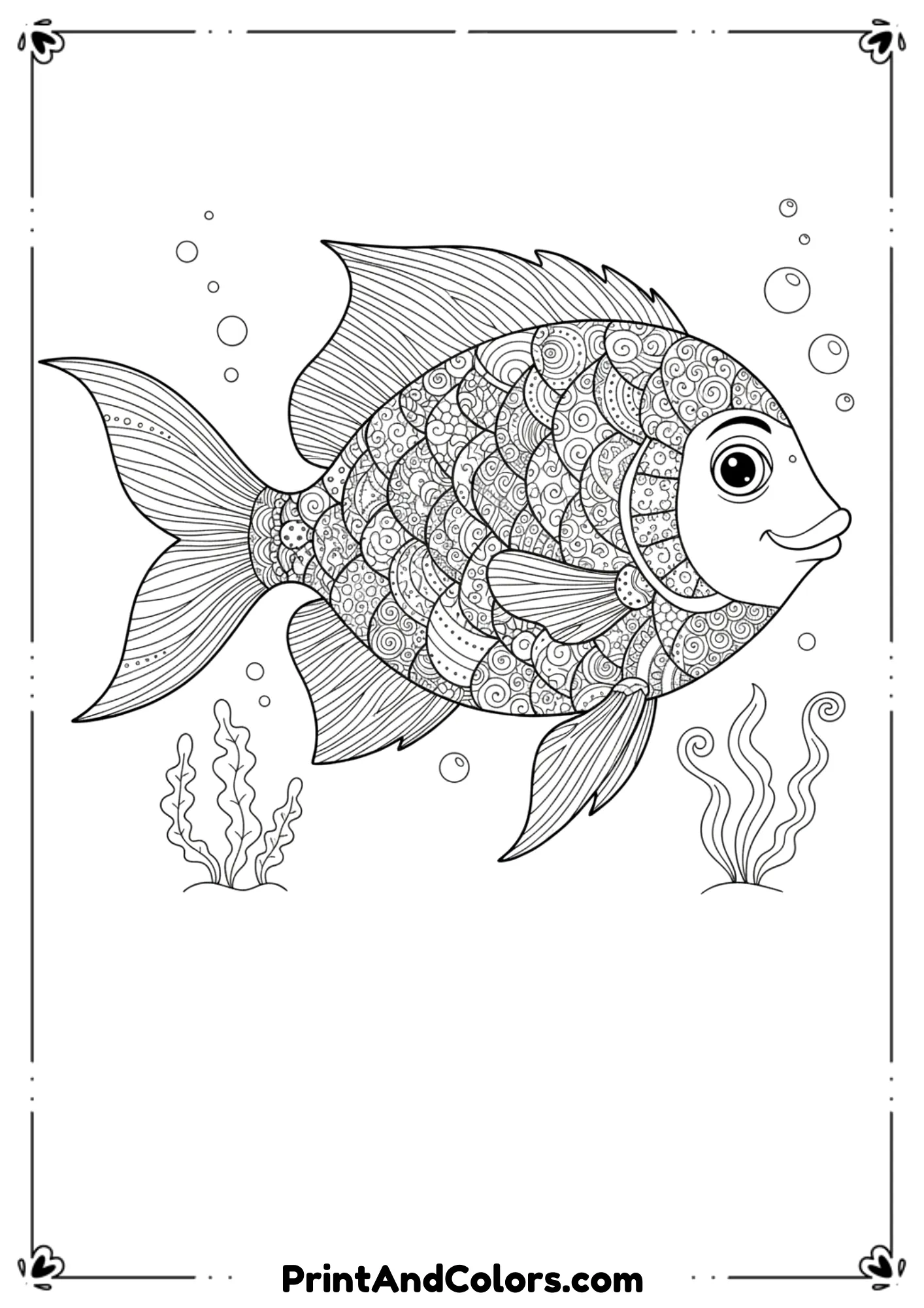 Create a fish inspired by Rainbow Fish with patterned scales arranged like a patchwork. No colors—line-art only—but decorative scale shapes.