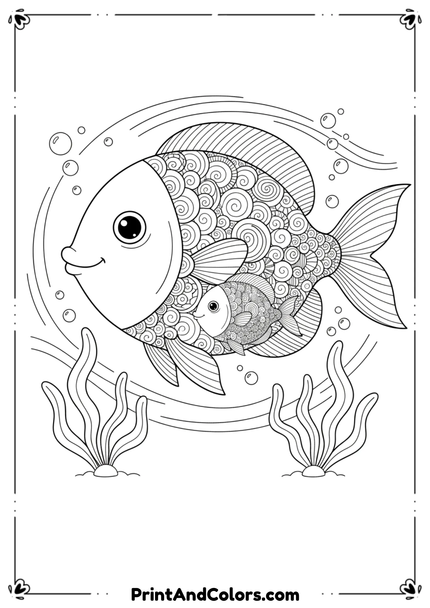 Mother and baby fish inspired by Rainbow Fish style with decorative scale shapes. No color—just patterned line-art. Add bubbles and soft wave lines.