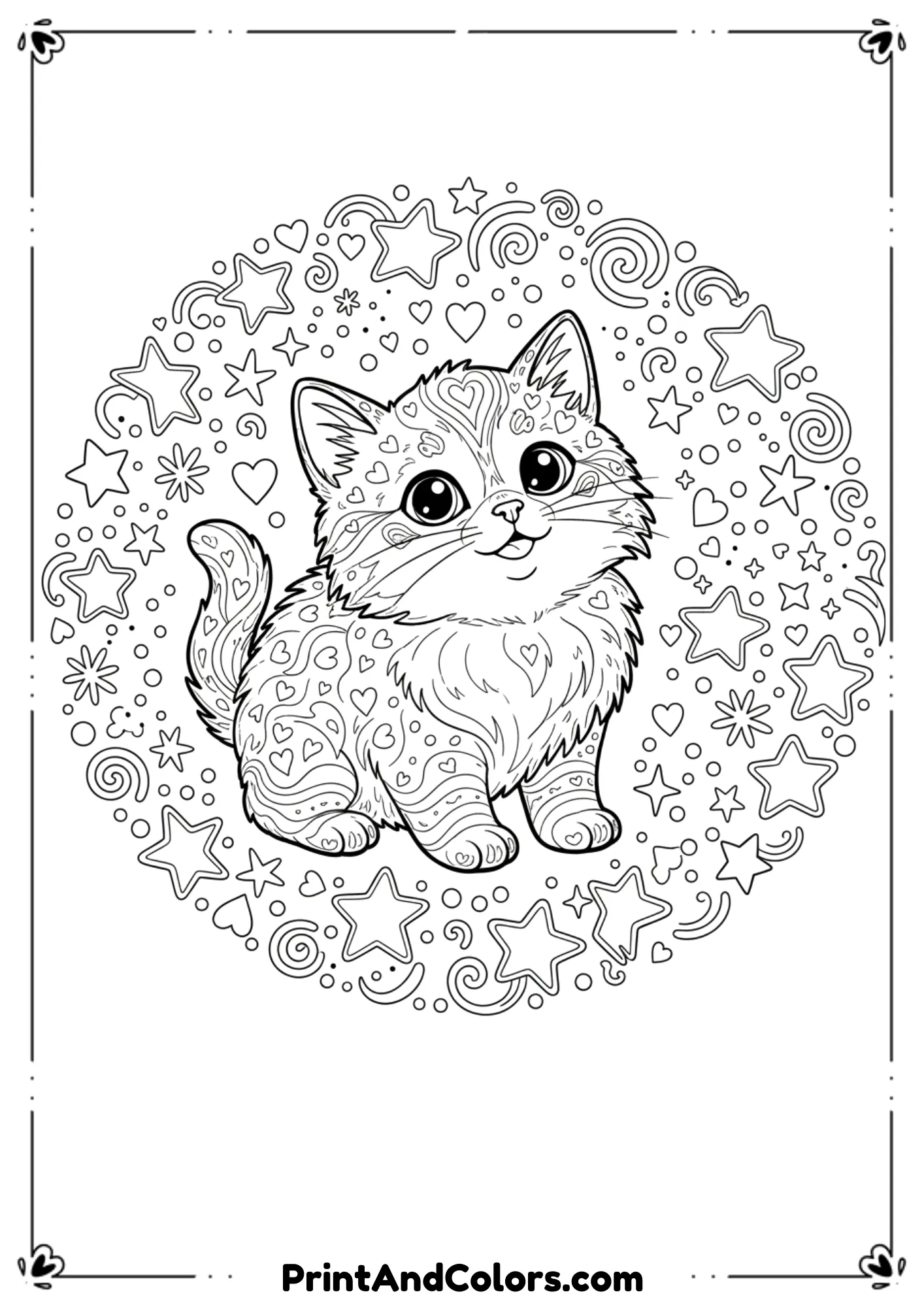 Cute kitten surrounded by stars and sparkles, rainbow pattern outlines for creative coloring fun.
