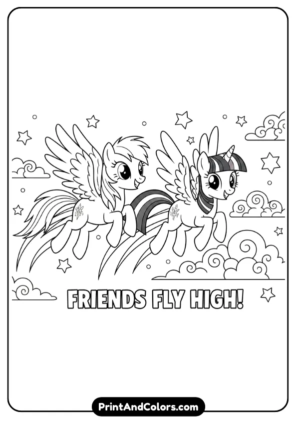 Design a black and white coloring page showing Rainbow Dash and Twilight Sparkle together, flying and smiling. Clouds, stars, and motion lines, dynamic pose, thick clean outlines, no grayscale.
