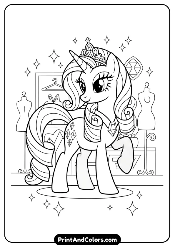 Design a black and white outline coloring page of Rarity posing elegantly with styled mane and gem decorations. Simple boutique or sparkly background. Bold lines, no color, printable coloring page.