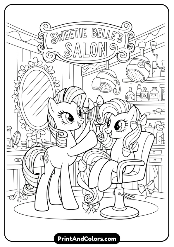 Illustrate a black and white coloring page of Rarity styling another pony’s mane using brushes and bows. Salon-style background, bold outlines.