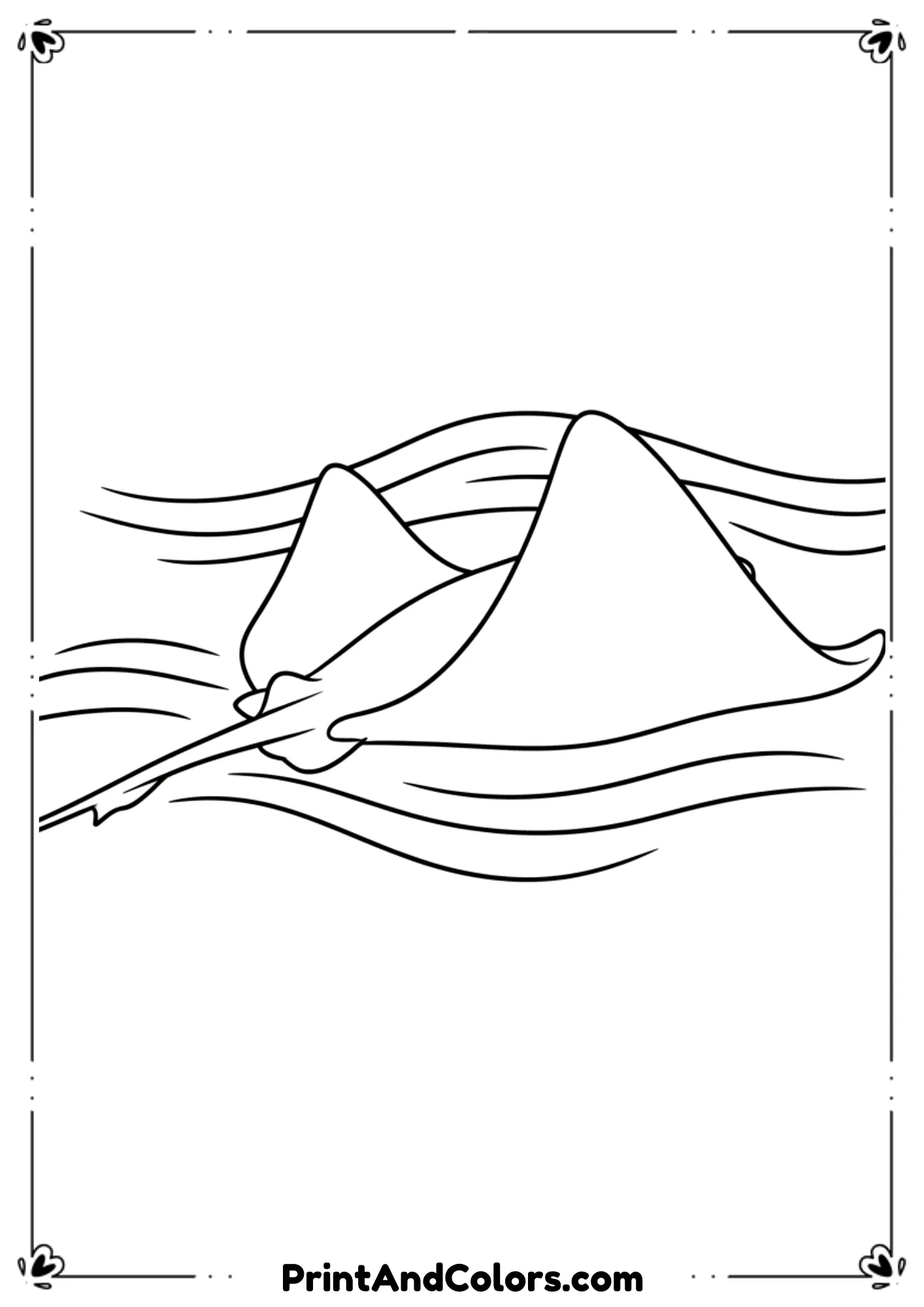 Black and white outline of a stingray gliding underwater with smooth wings, tail, and wavy water lines behind it.