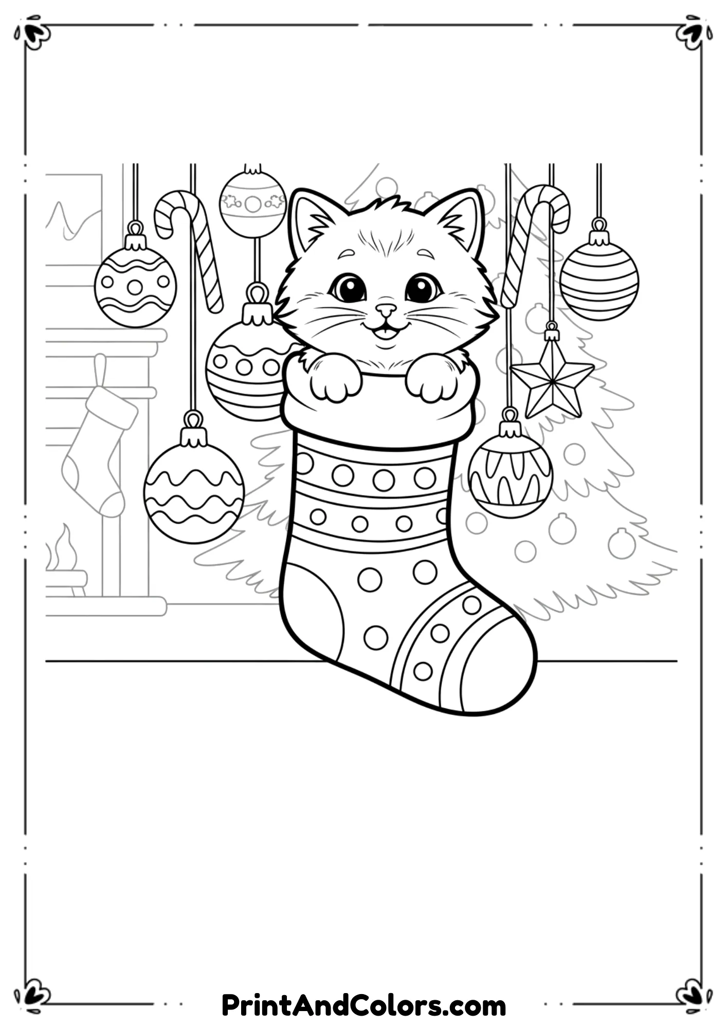  Christmas kitten in stocking with ornaments and candy canes, black-and-white holiday coloring design.
