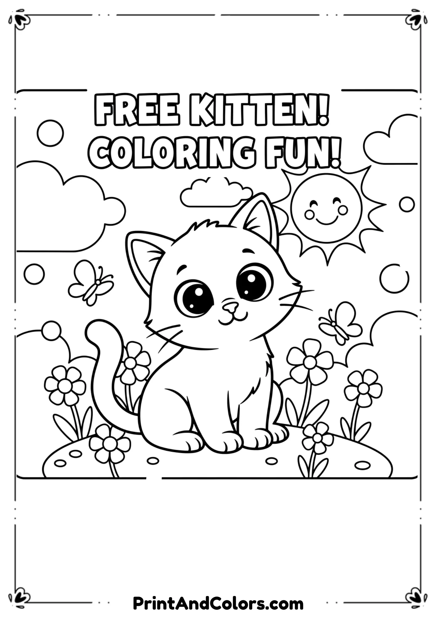 Photorealistic kittens drawn in fine black lines, showing realistic fur texture and detailed anatomy for coloring practice.
