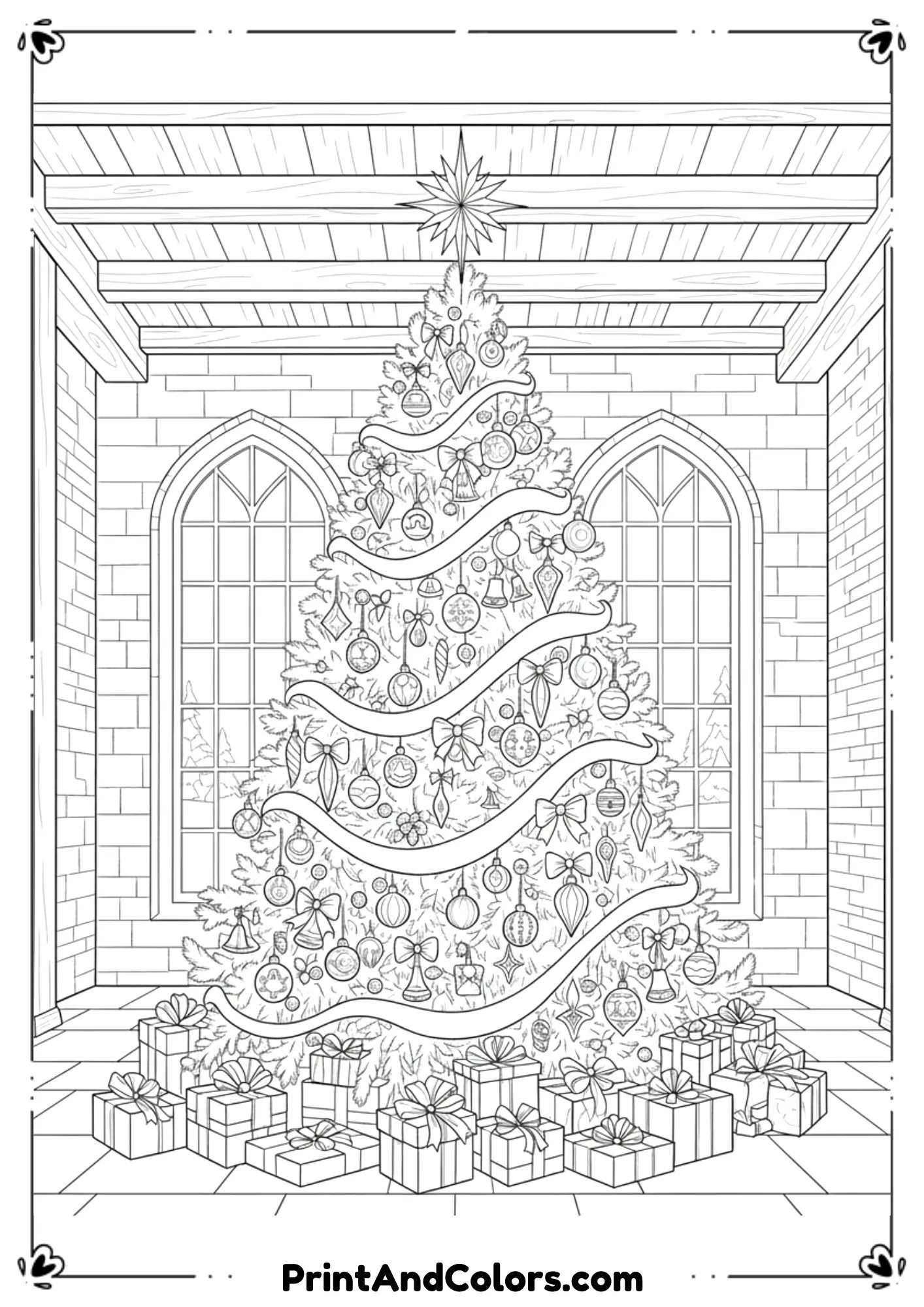 Detailed line-art of a realistic Christmas tree inside an old vintage building with brick walls, wooden beams, large windows. Classic style, professional adult-friendly outline work, no shading.
