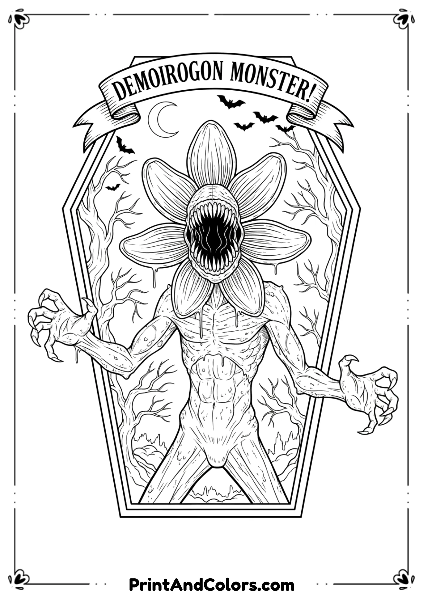  Demogorgon monster in detailed horror line art with open mouth, Halloween spooky theme.
