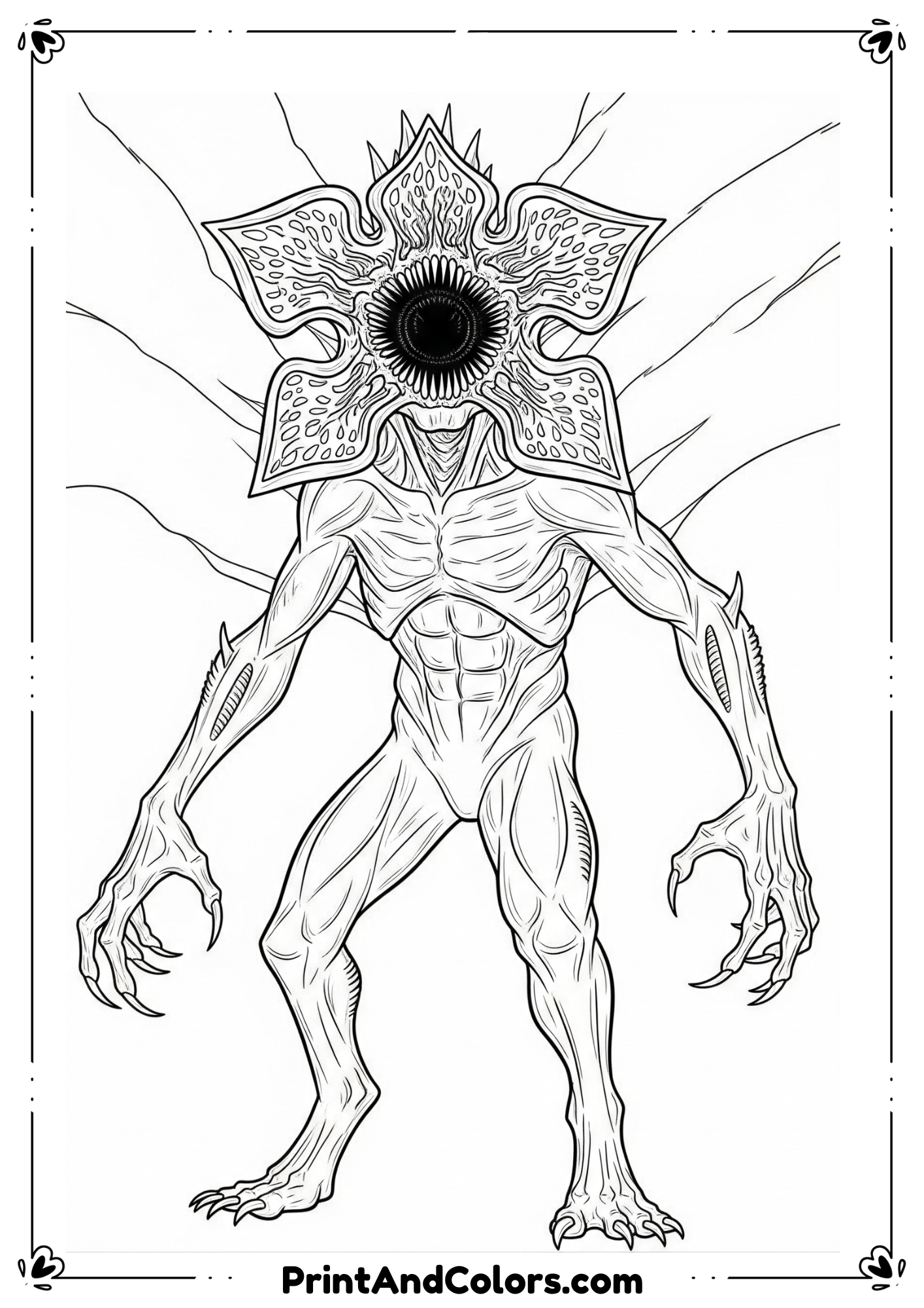 Demogorgon monster in detailed horror line art with open mouth, Halloween spooky theme.