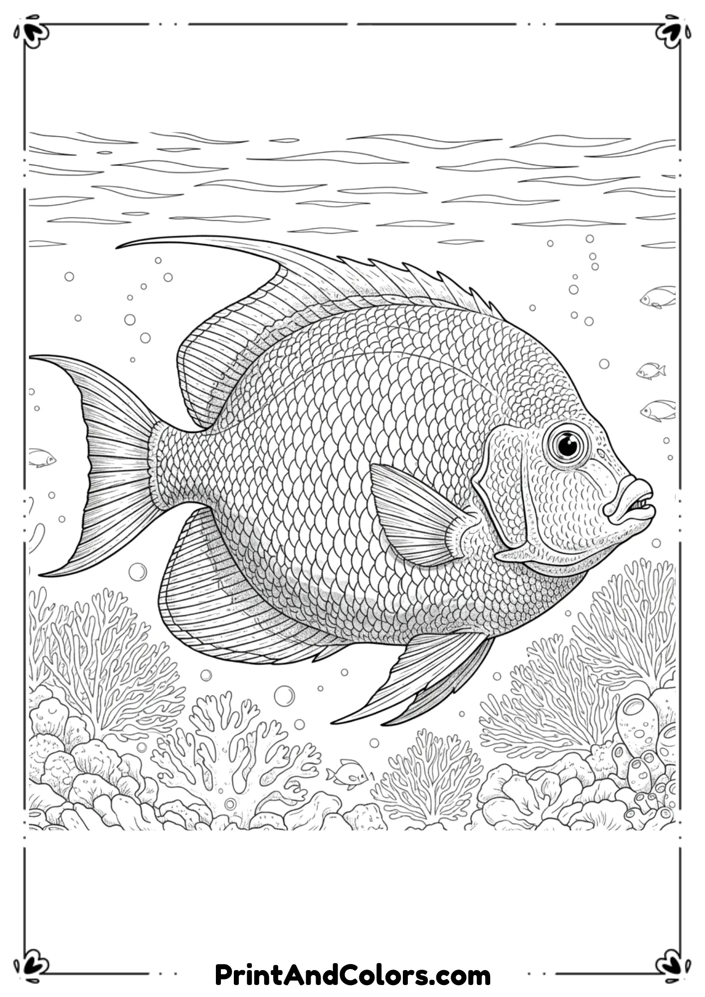 Detailed but clean line-art drawing of a realistic fish with natural scale patterns, proper fin structure, and light ocean background elements. No shading.