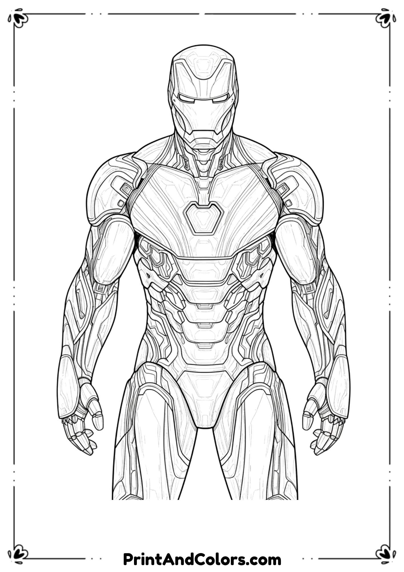  Realistic Iron Man coloring page detailed armor.
