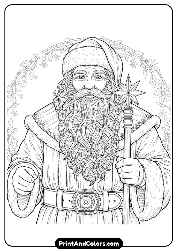 Highly detailed black and white line-art portrait of a realistic Santa Claus with textured beard, lifelike eyes, and vintage-style clothing. Shading lines allowed.