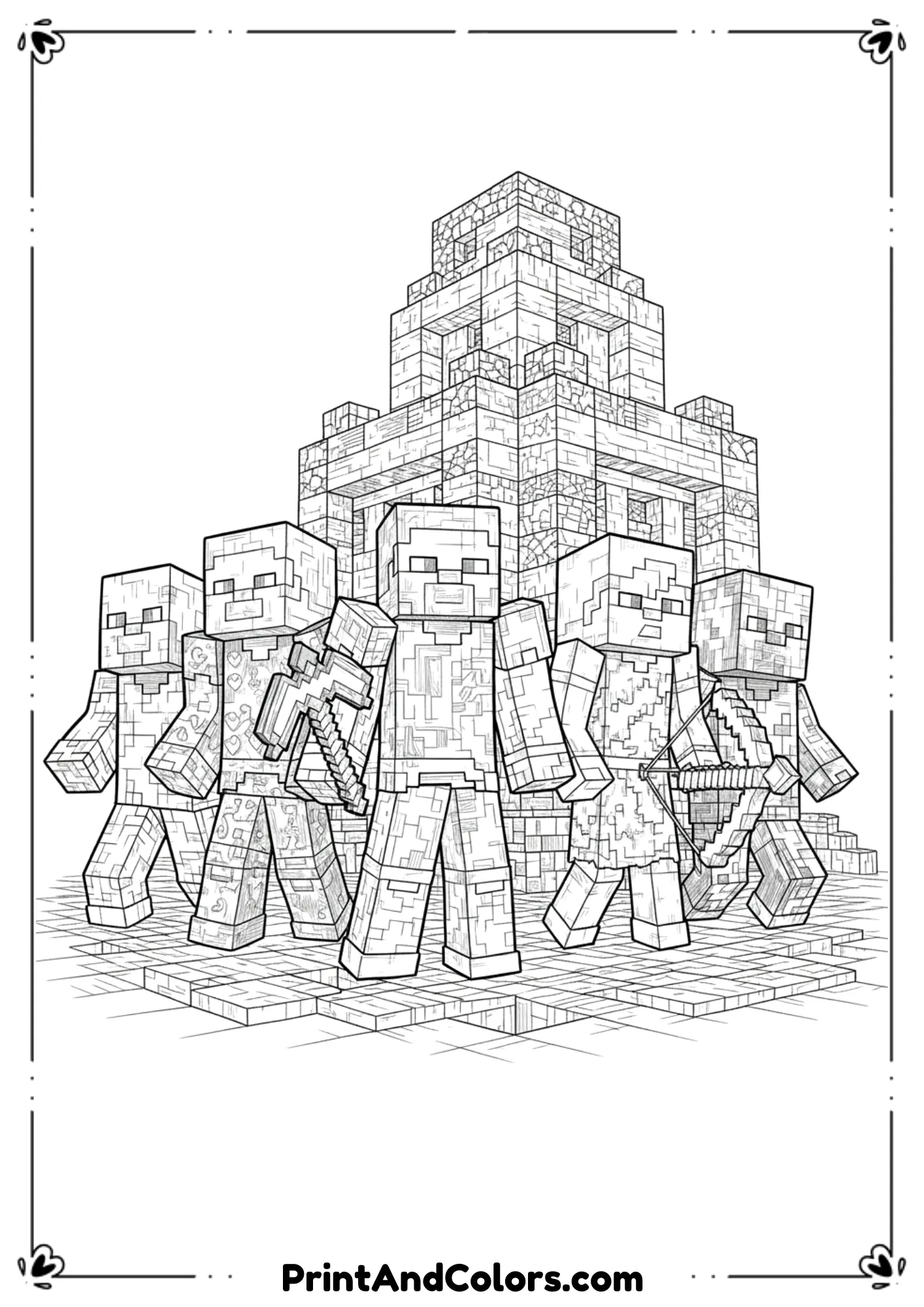  Black and white line drawing of Minecraft characters with slightly more detailed block textures, realistic proportions while staying pixel-styled, bold outlines, no shading, printable coloring page.
