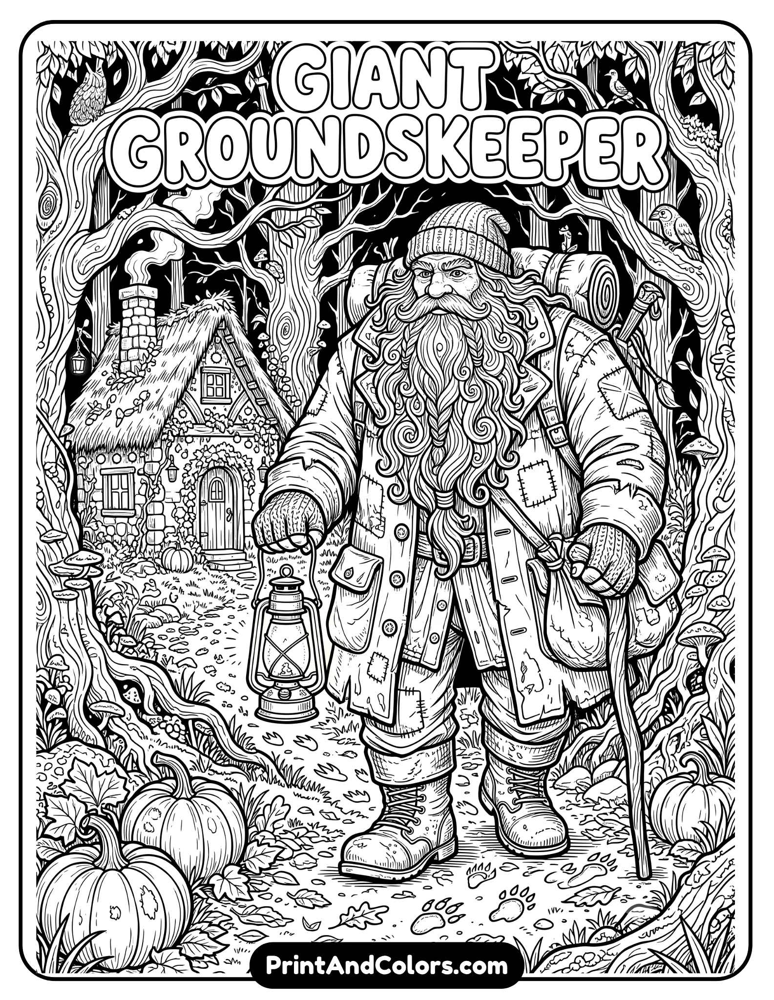 Highly detailed black and white realistic coloring page of a giant bearded groundskeeper wearing a heavy coat and holding a lantern. Include forest trees, magical hut, pumpkins, and fantasy creature footprints. Intricate beard textures and realistic fantasy line art for printable coloring books