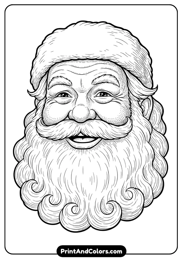 Detailed close-up of Santa’s face showing wrinkles, hair texture, expressive eyes, and fluffy beard lines. Traditional realistic shading allowed