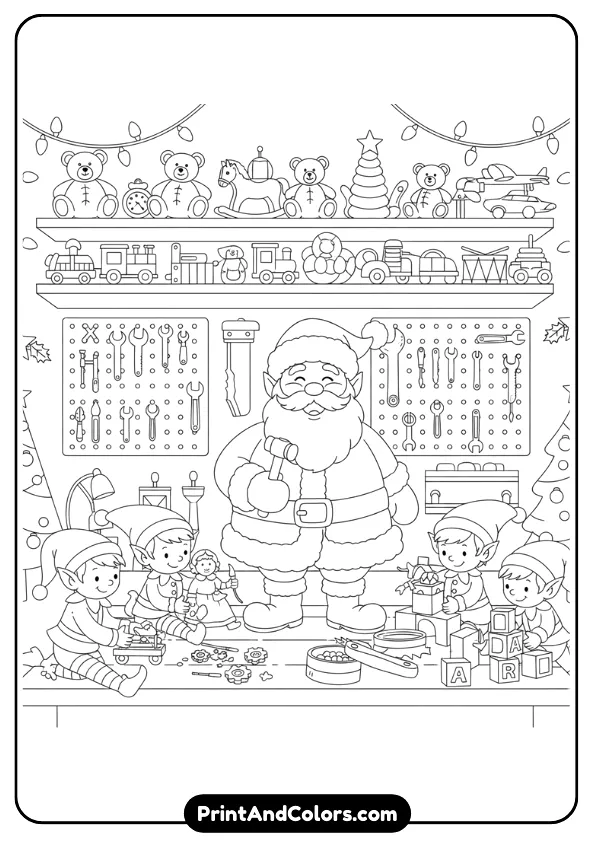 A cozy workshop scene with Santa, elves, toys, shelves, and tools. Medium-level detail but still clean for coloring. Add Christmas décor.
