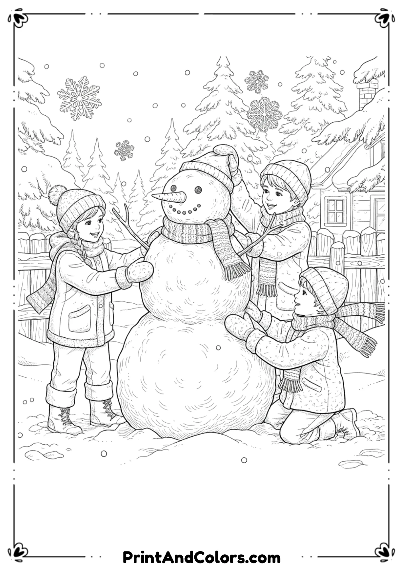 More detailed line art showing children carefully shaping a realistic snowman with textured snow, twig arms, and scarf.
