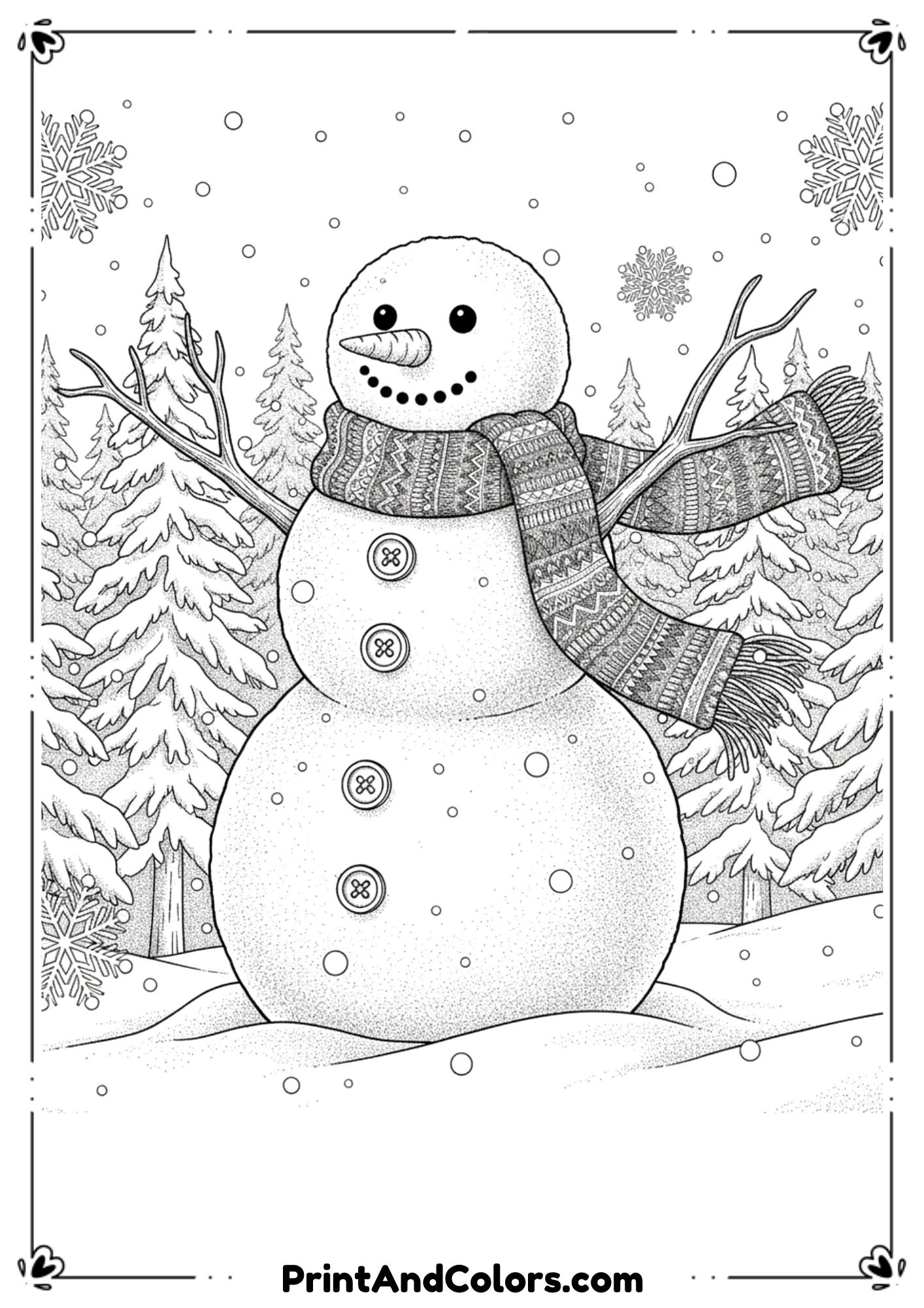 Highly detailed snowman with textured snow surface, realistic scarf fabric, natural stick arms, winter trees behind. Clean but detailed line art.
