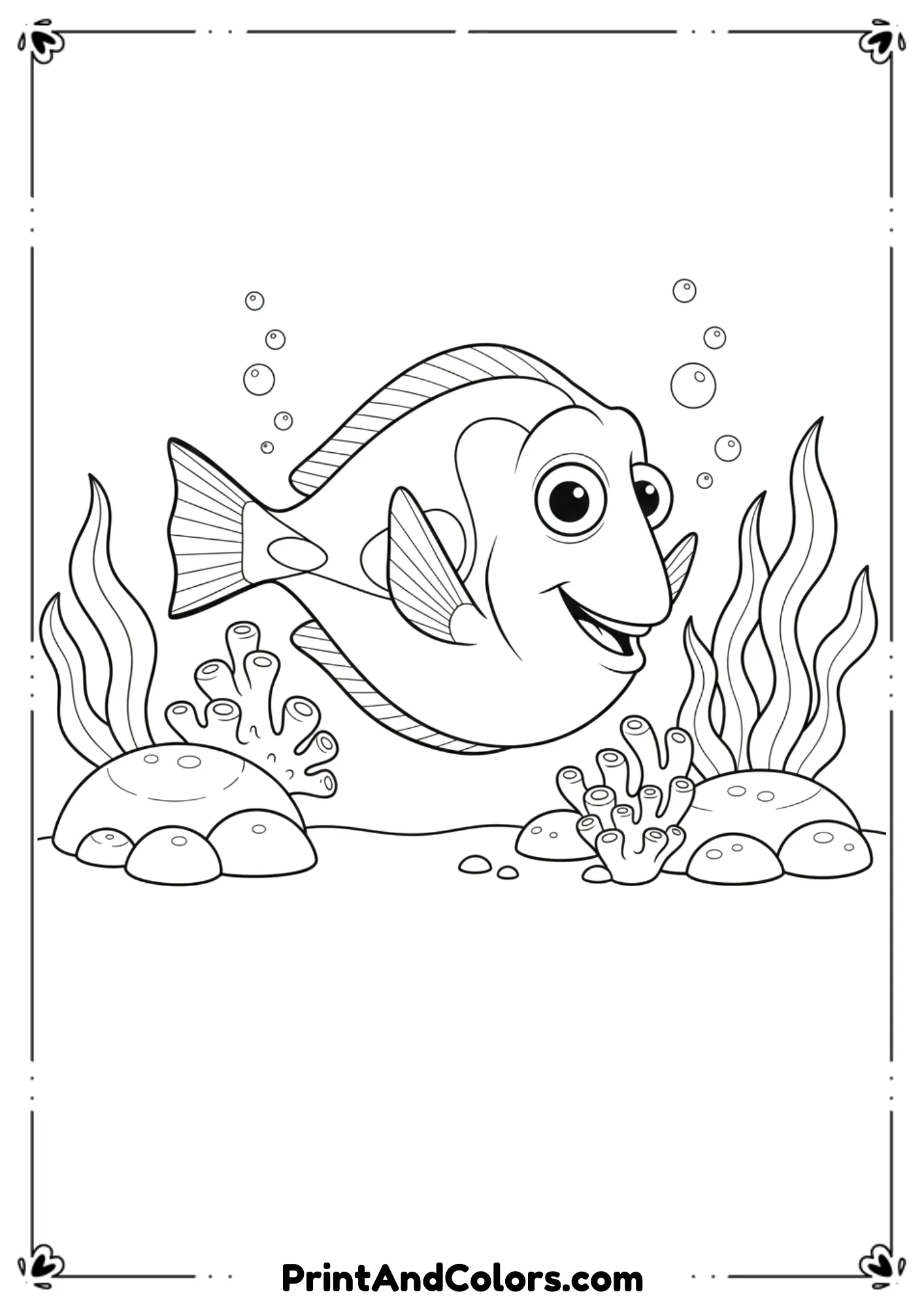 Draw a simplified realistic tang fish with iconic rounded body and pointed fins. Add coral mounds, seaweed, and bubbles. Kid-friendly line-art with smooth outlines.