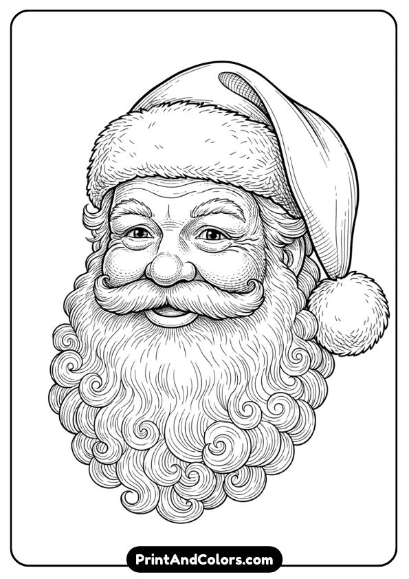 Highly detailed black-and-white line drawing of a realistic Santa portrait with textured beard, lifelike eyes, wrinkles, and classic fur-trimmed hat. Vintage shading allowed