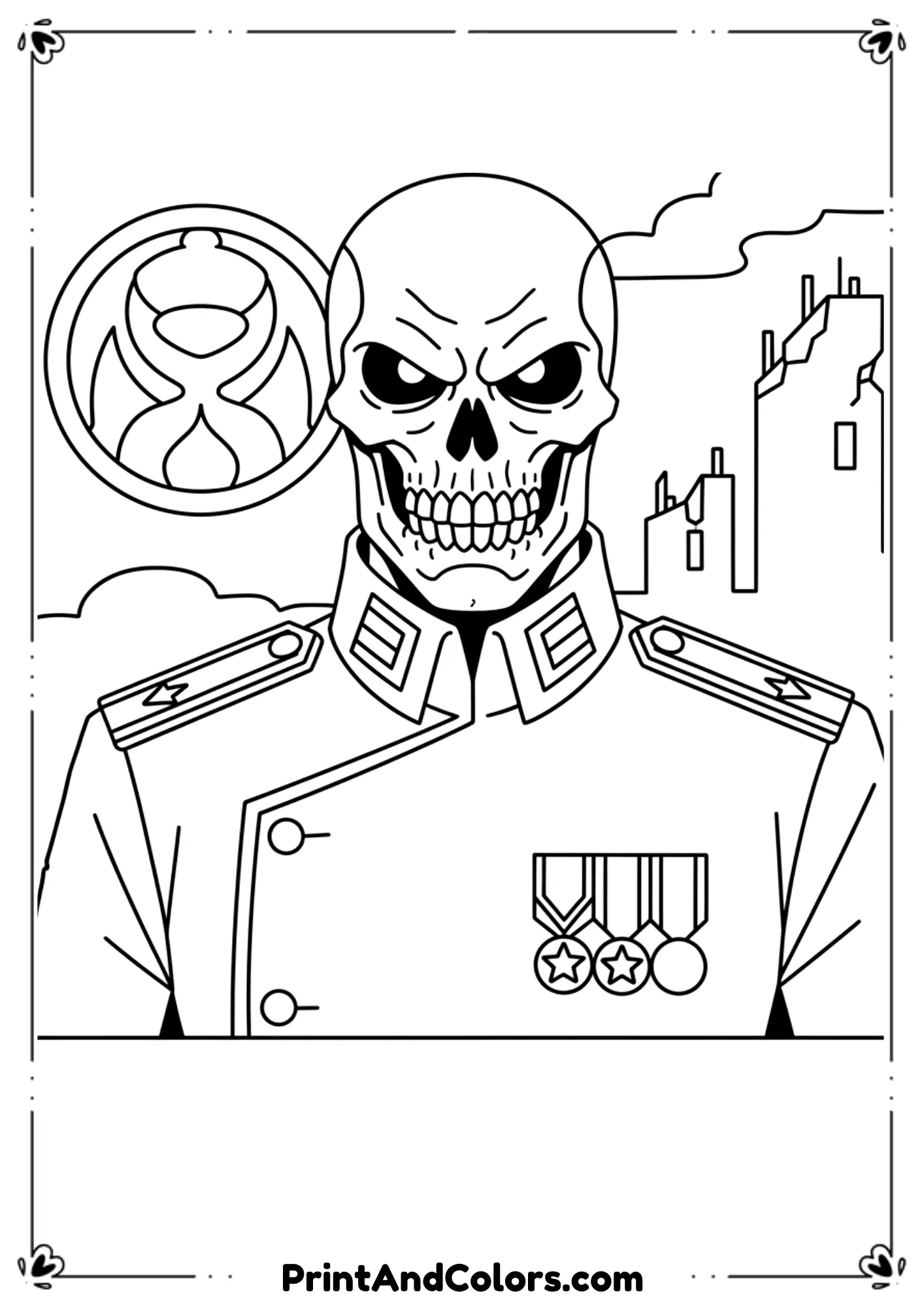 Black and white line art of Red Skull villain from Captain America comics, menacing face, detailed outlines.

