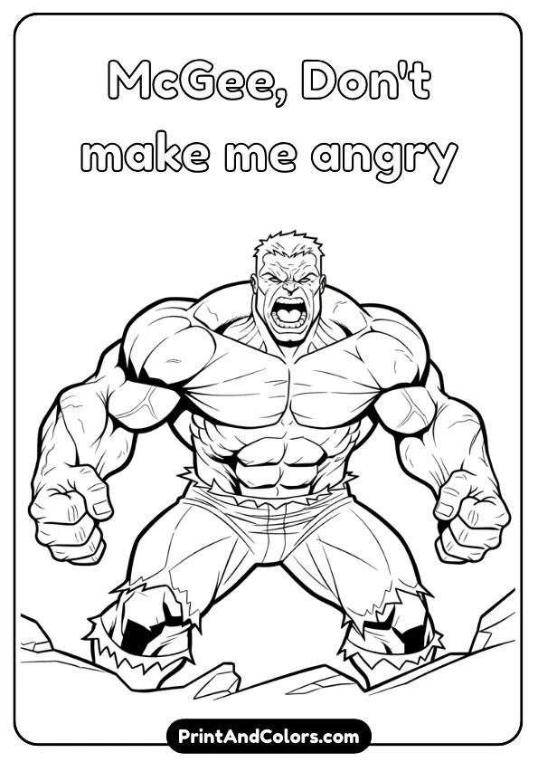 Black and white line drawing of Red Hulk roaring, muscular body, short hair, strong comic outlines, printable style