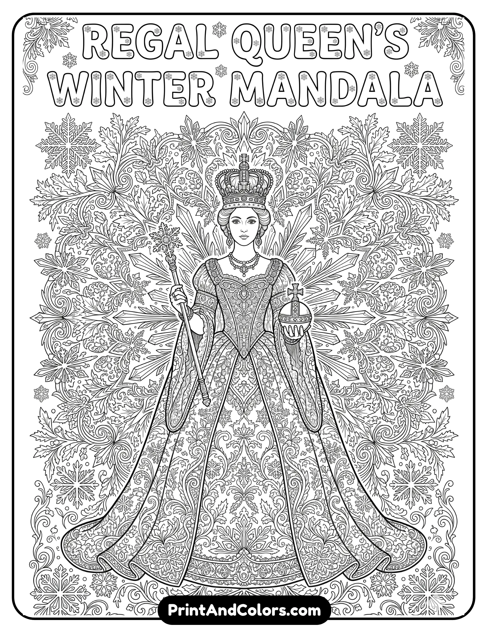 Highly detailed black and white coloring page of regal Elsa standing in the center of a large winter mandala pattern, surrounded by symmetrical snowflakes, icy crystals, and decorative floral designs, elegant royal gown, printable adult coloring book style line art