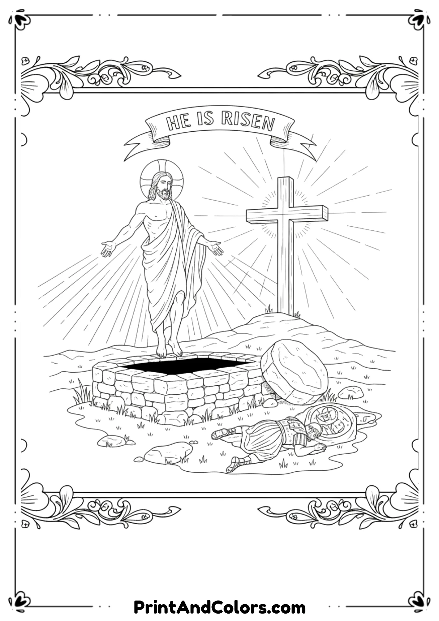 Black and white drawing of Jesus rising from the tomb with a glowing cross.
