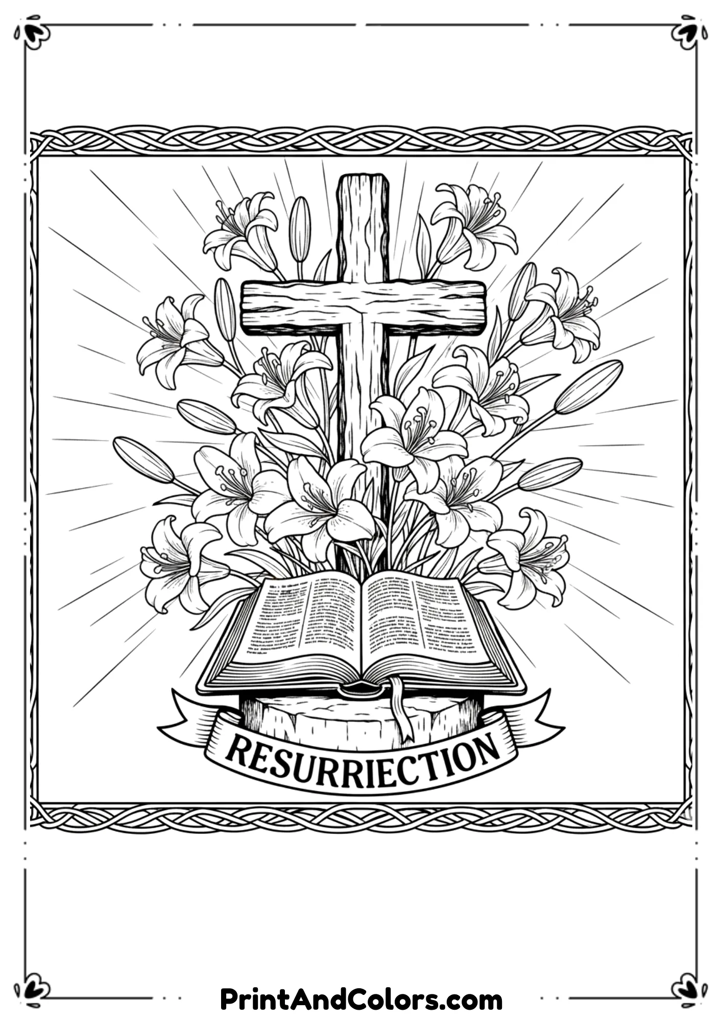  Black and white drawing of a cross with lilies around it, symbolizing resurrection, with a Bible in the background.
