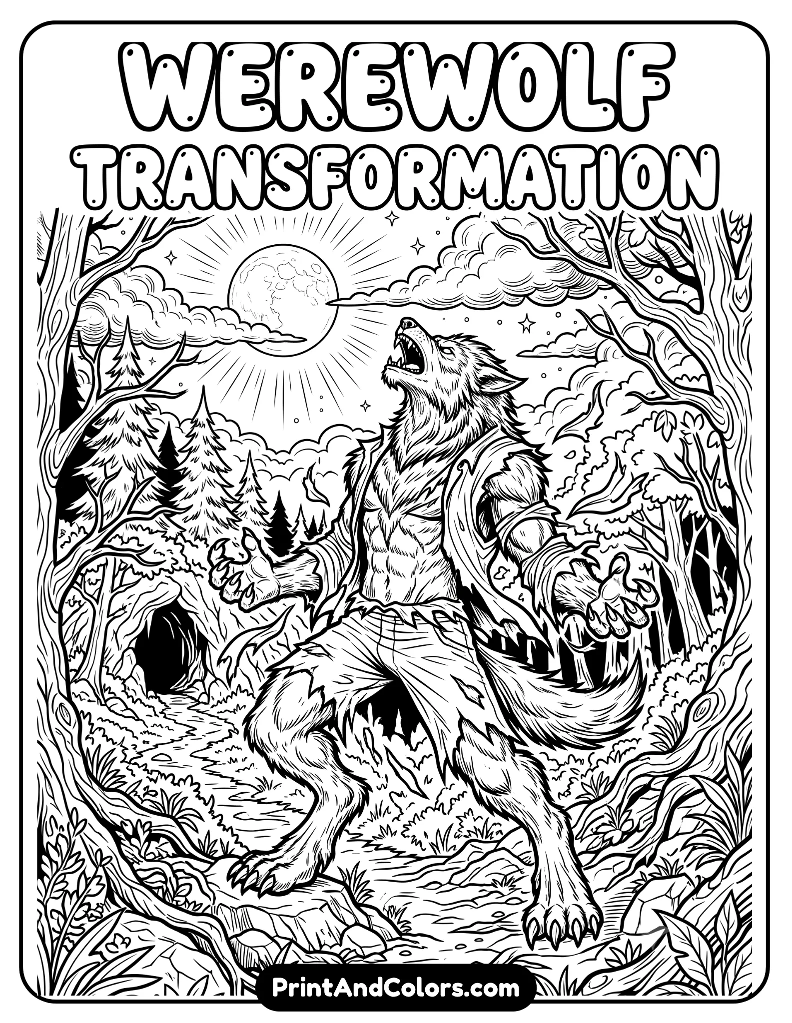 Dark fantasy black and white coloring page of a werewolf transformation scene with torn robes, moonlight, forest trees, and dramatic clouds. Include detailed fur textures, claws, mystical atmosphere, and magical forest background. Printable adult coloring book line art style