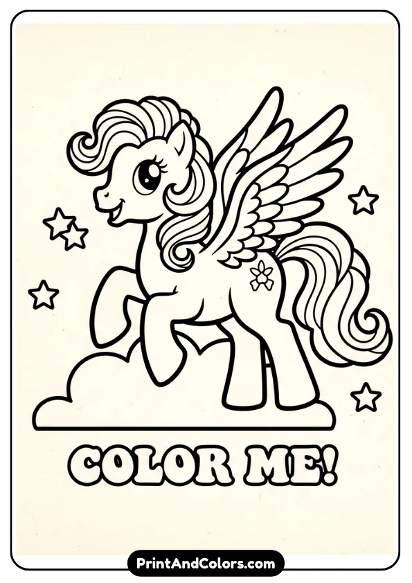Illustrate a retro-style black and white coloring sheet of a winged My Little Pony with classic proportions and vintage look. Simple background, clean bold outlines, no grayscale.