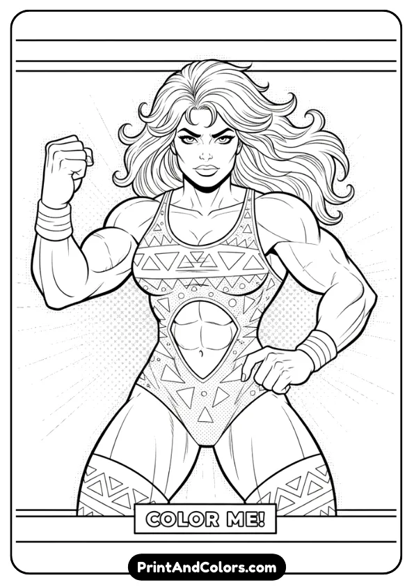 Retro comic-style She-Hulk in 80s outfit, strong pose, flowing hair, vintage line-art style, clean black outlines, detailed but colorable.