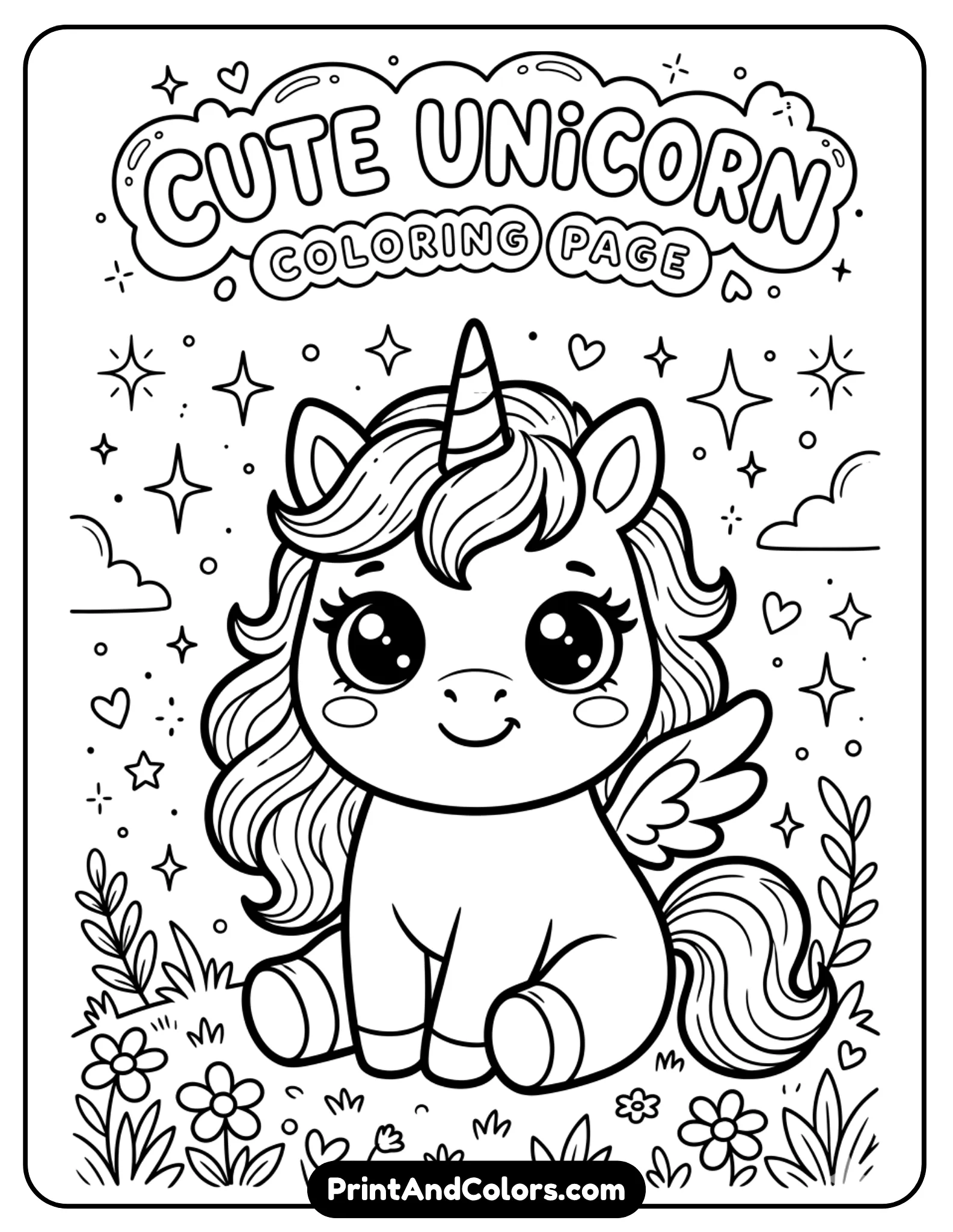Cute unicorn pet with big eyes, small wings, fluffy mane, sitting pose, stars around, kawaii style, bold outlines